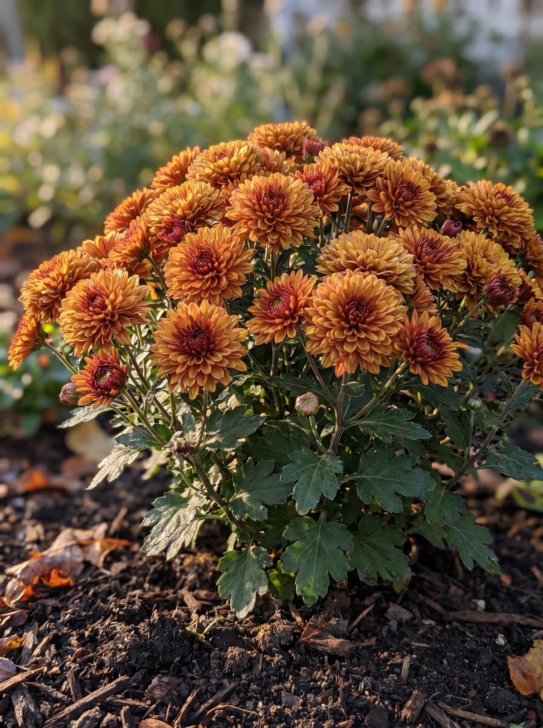 Dense mounding garden mum with bold gold and burgundy double blooms in a garden bed