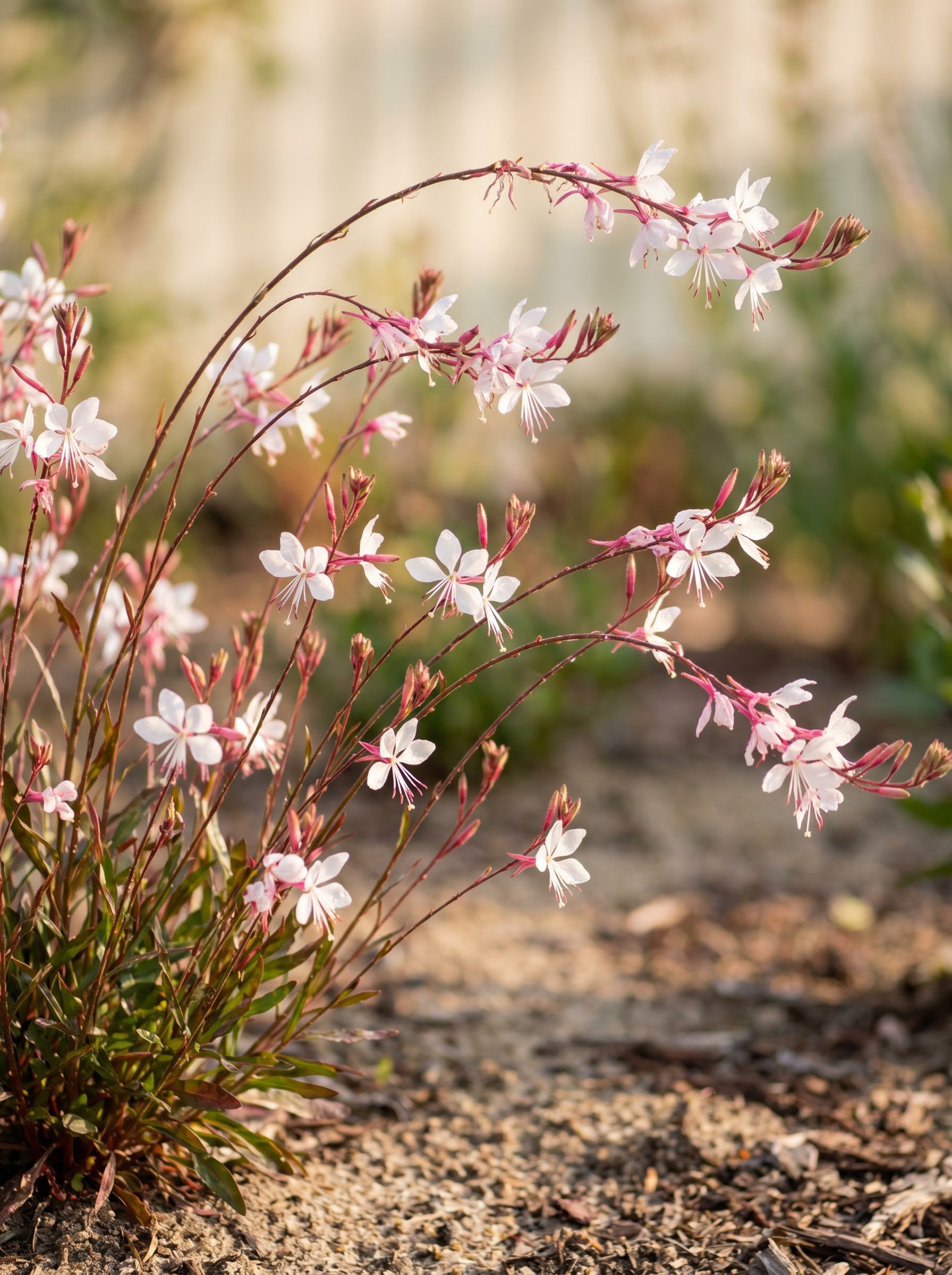 Gaura whirling butterflies with delicate white and pink flowers on thin arching wands.