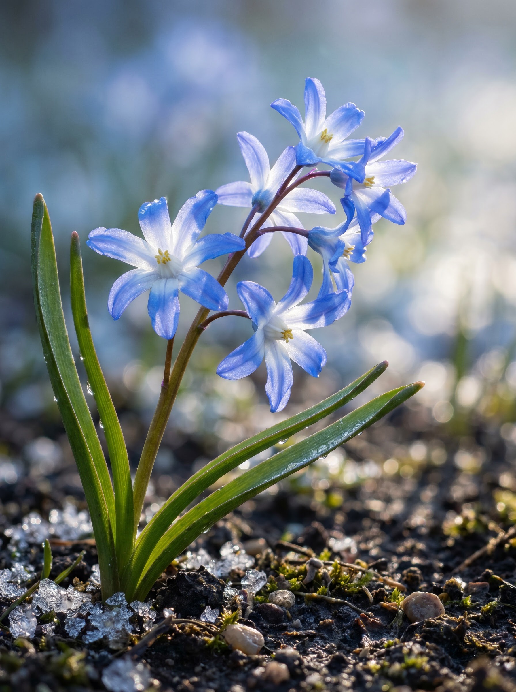 Star shaped blue and white Chionodoxa flowers with dew on slender stem in spring soil