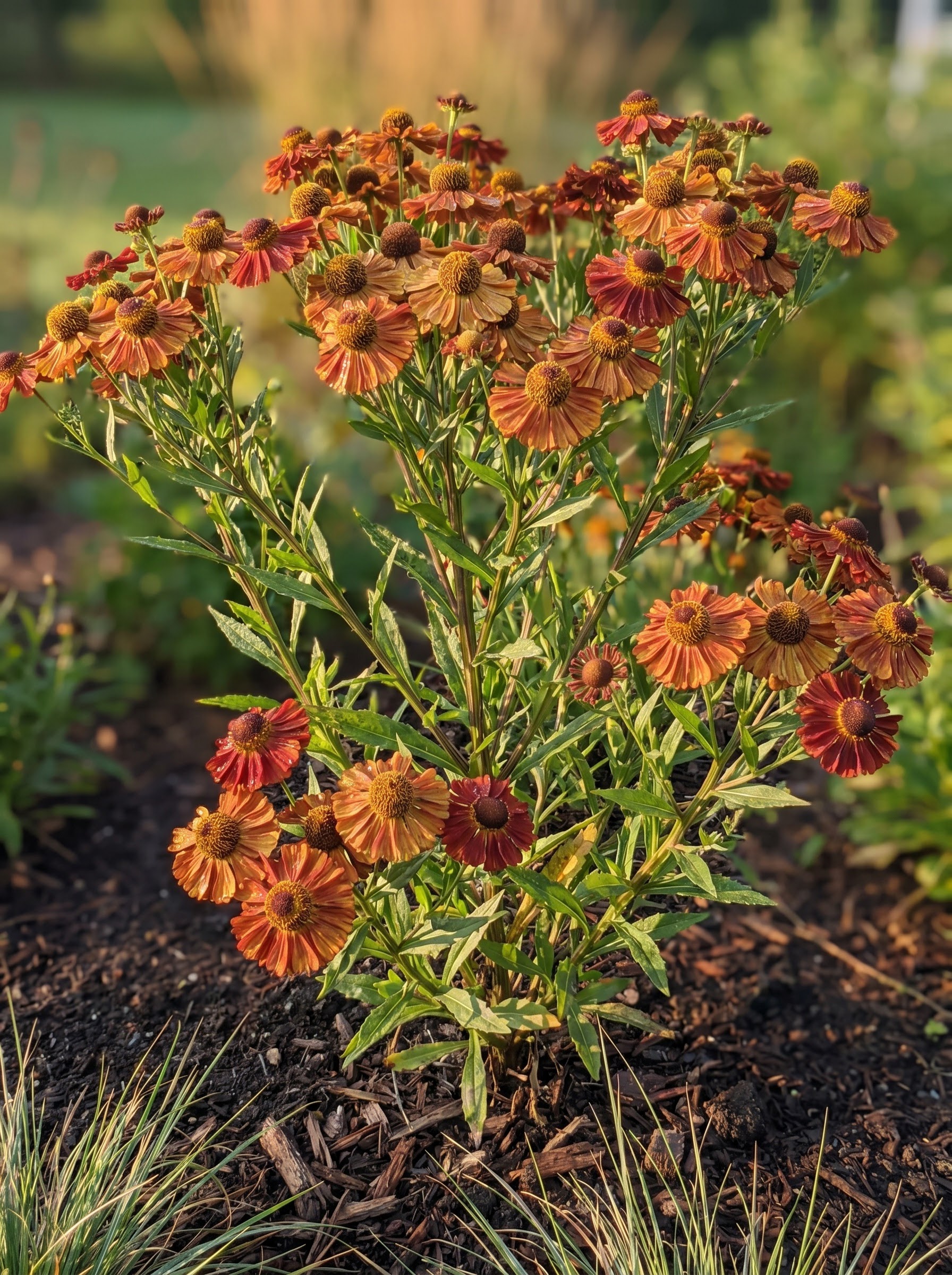 Copper and mahogany Helenium sneezeweed daisies blooming on tall stems in a garden border