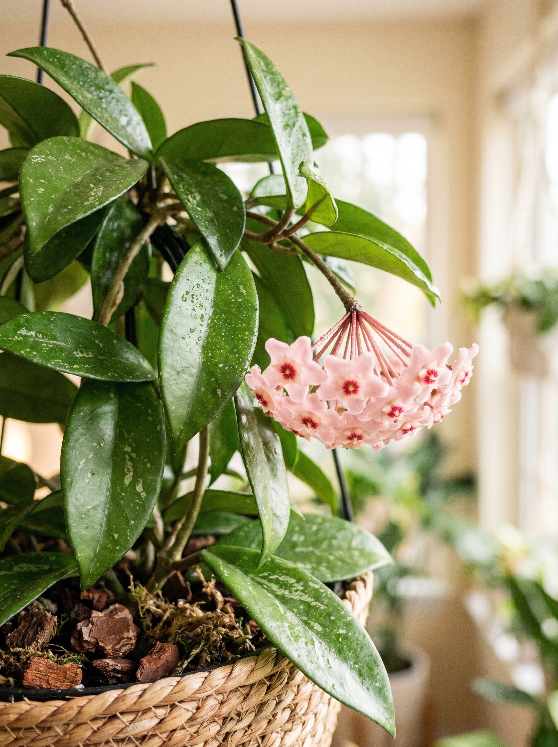 Trailing Hoya carnosa with glossy leaves and a star-shaped pink wax flower cluster.