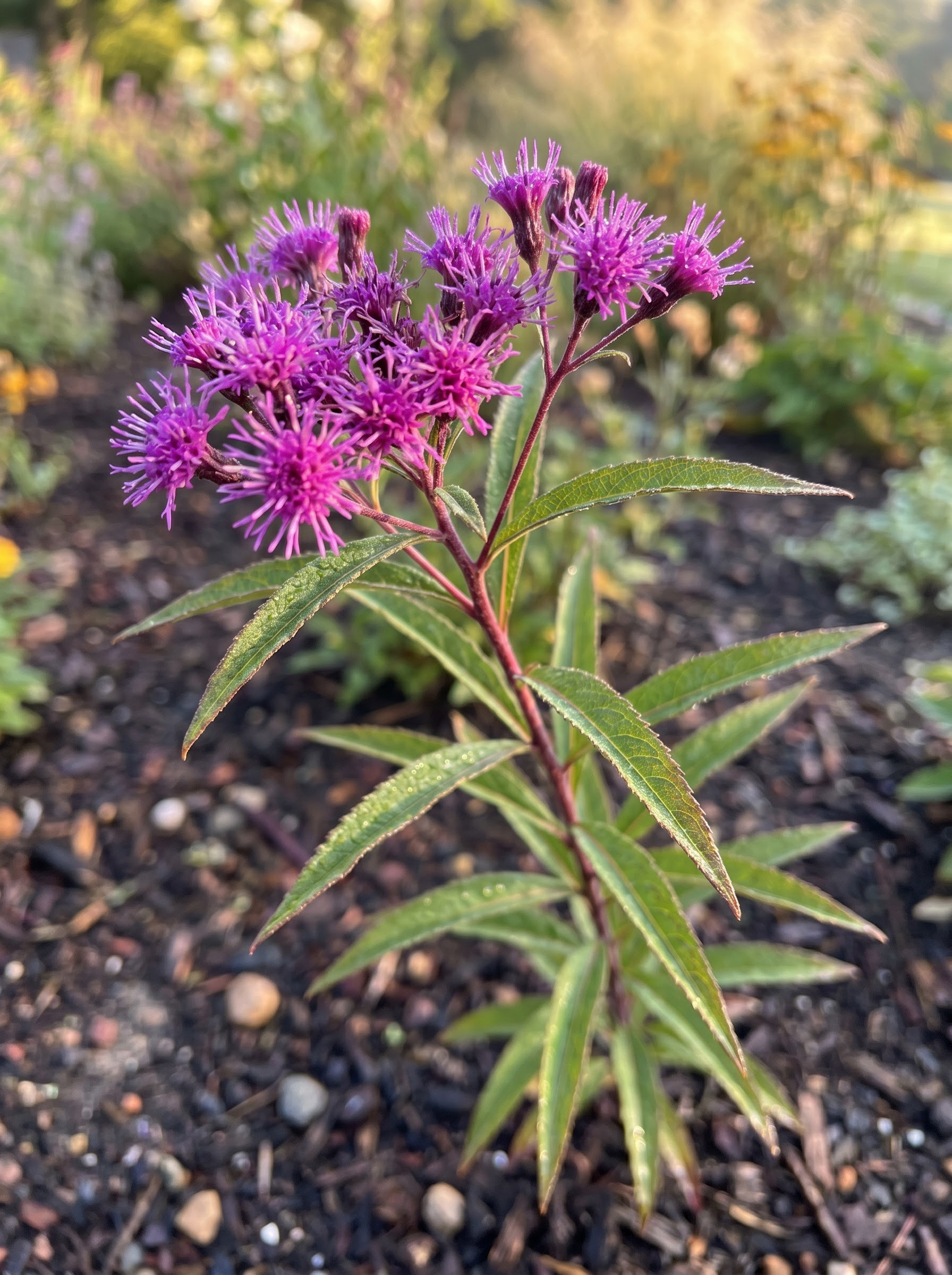 Ironweed plant with tall stems and clusters of deep magenta-purple flowers, dew-covered foliage.