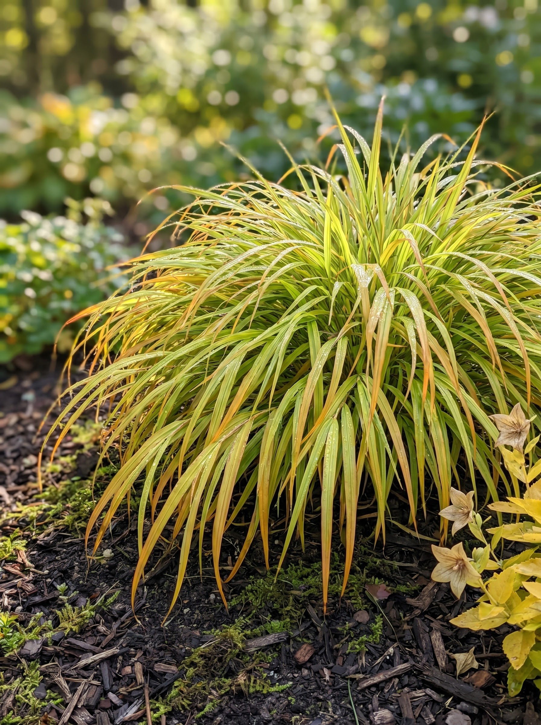 Golden-green Japanese forest grass with arching variegated blades and dew-covered leaves in a shaded garden bed