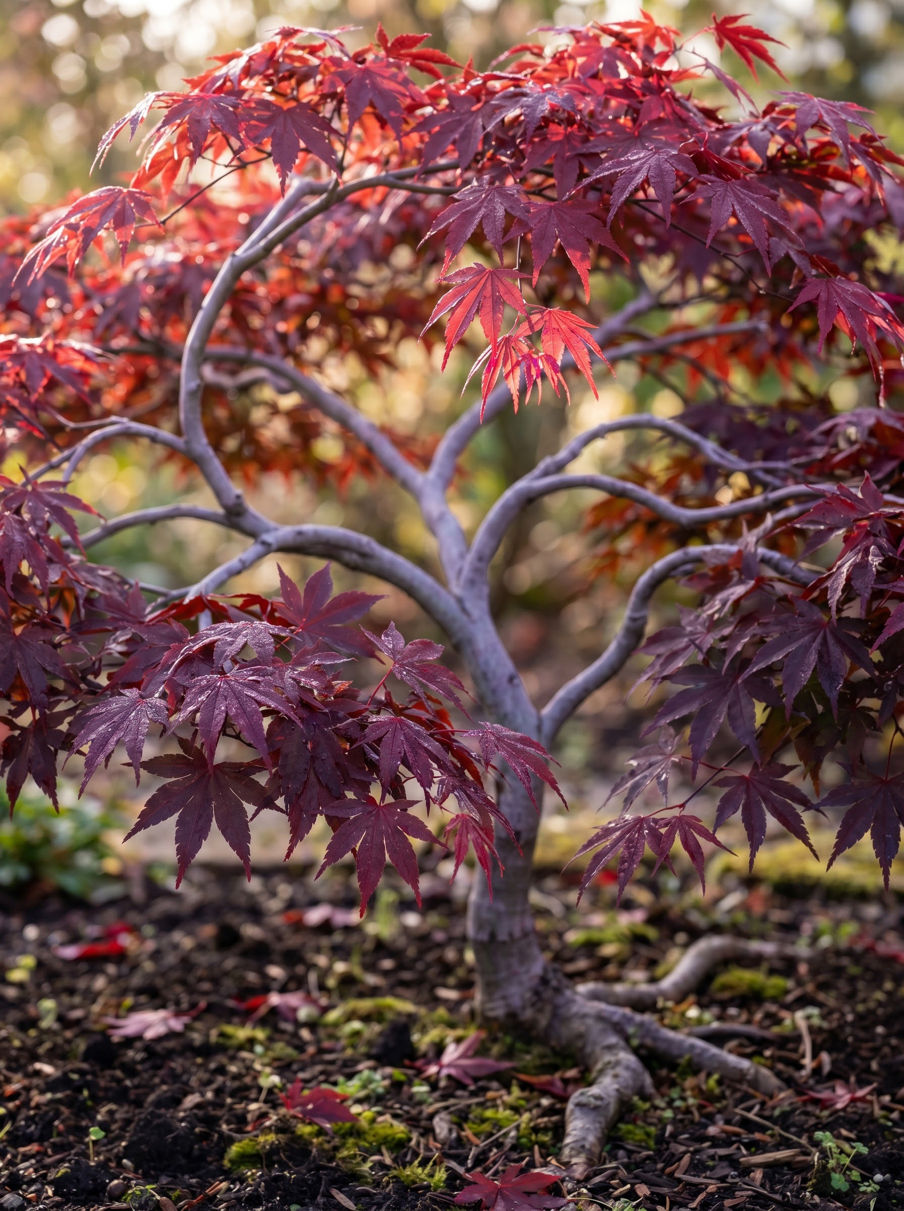 Japanese maple branch with deep red palmate leaves and delicate serrated lobes in a garden.
