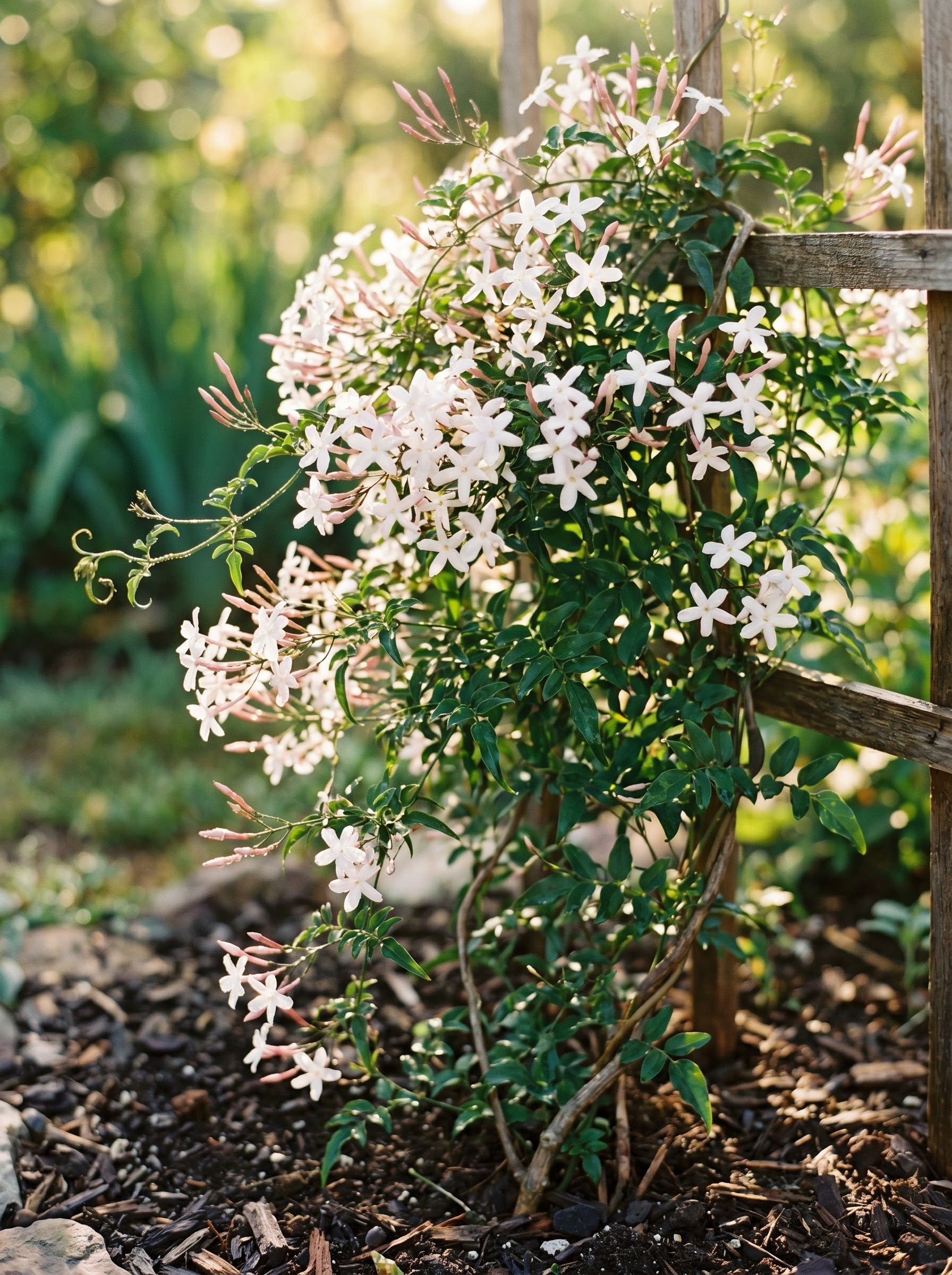 Climbing jasmine vine with clusters of white star-shaped fragrant flowers and glossy leaves.