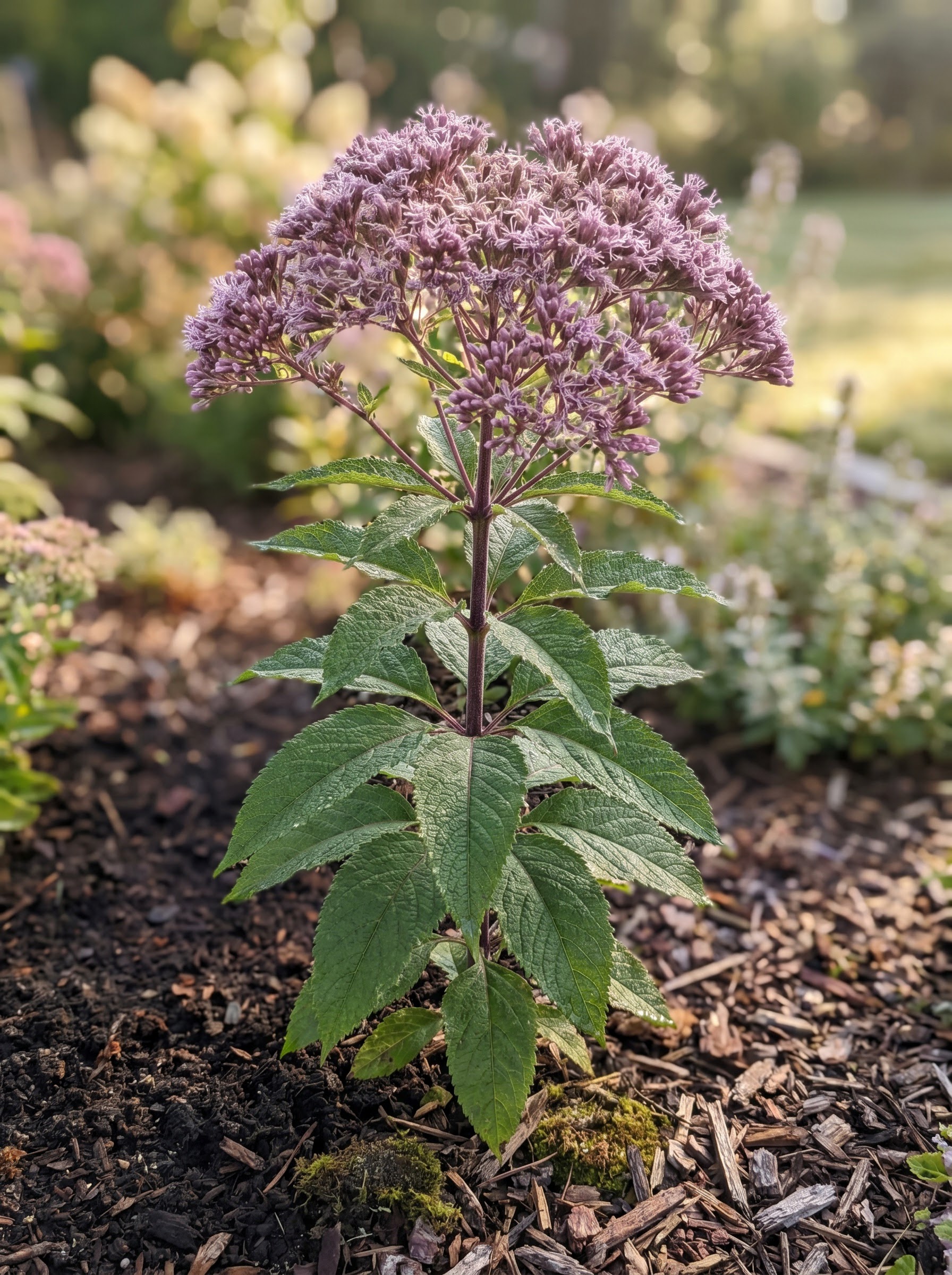 Joe Pye weed with tall stems and domed mauve-purple flower clusters, dew on leaves and blooms.