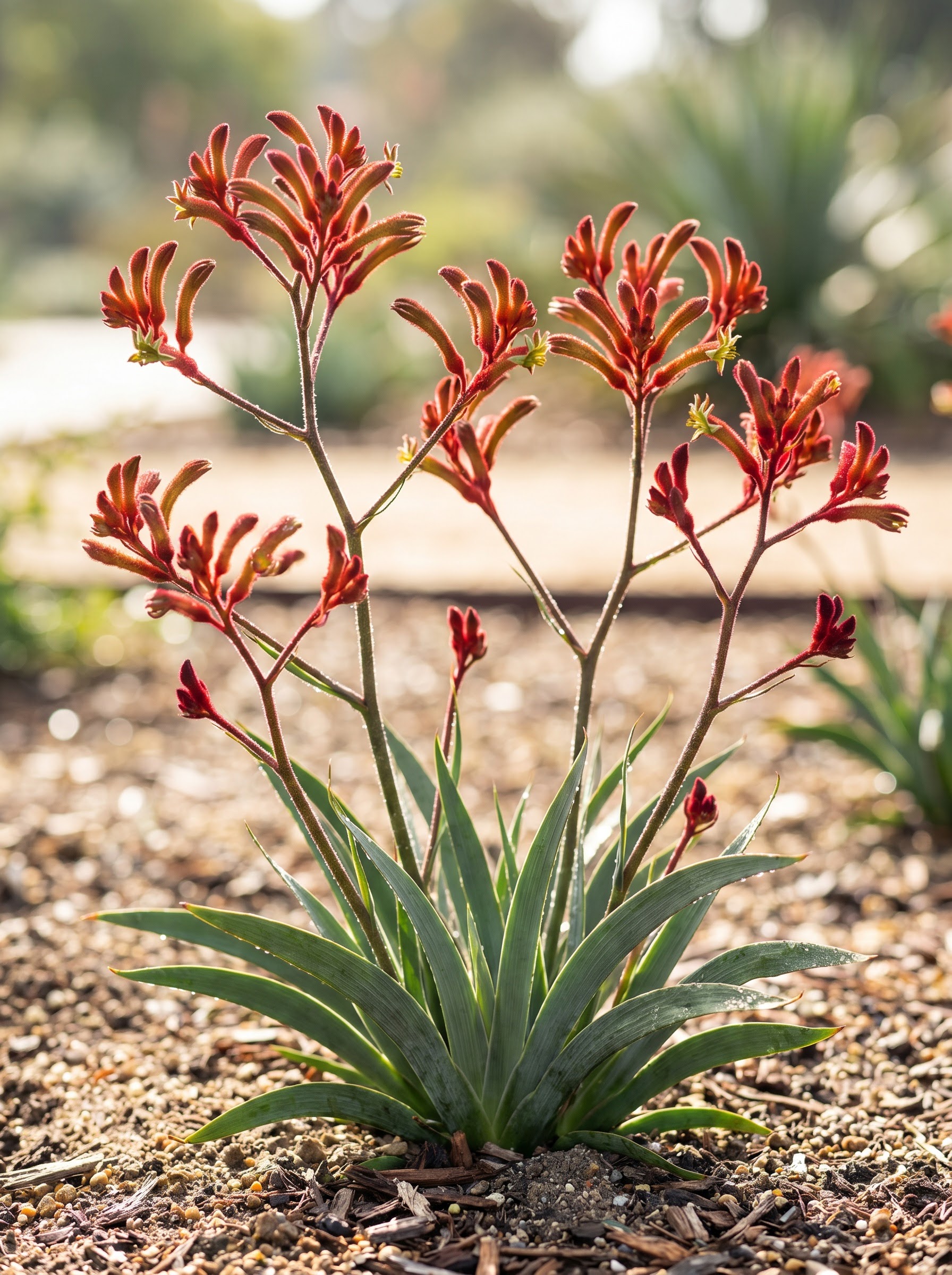 Kangaroo paw plant with fuzzy red-orange claw-shaped flowers on tall stems above gray-green paddle leaves