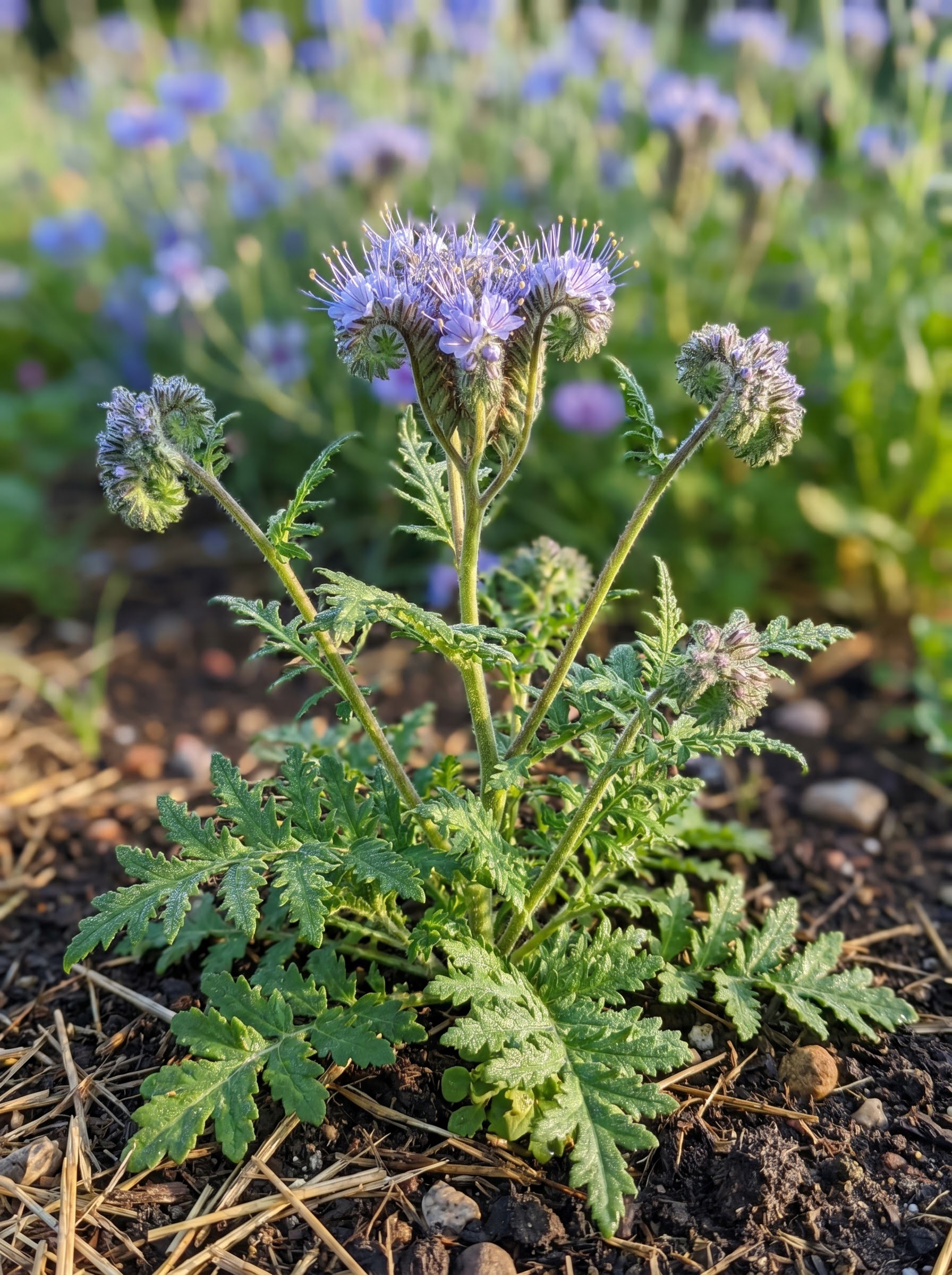 Curled Phacelia tanacetifolia flower spike with tiny blue purple blooms and ferny lacy leaves