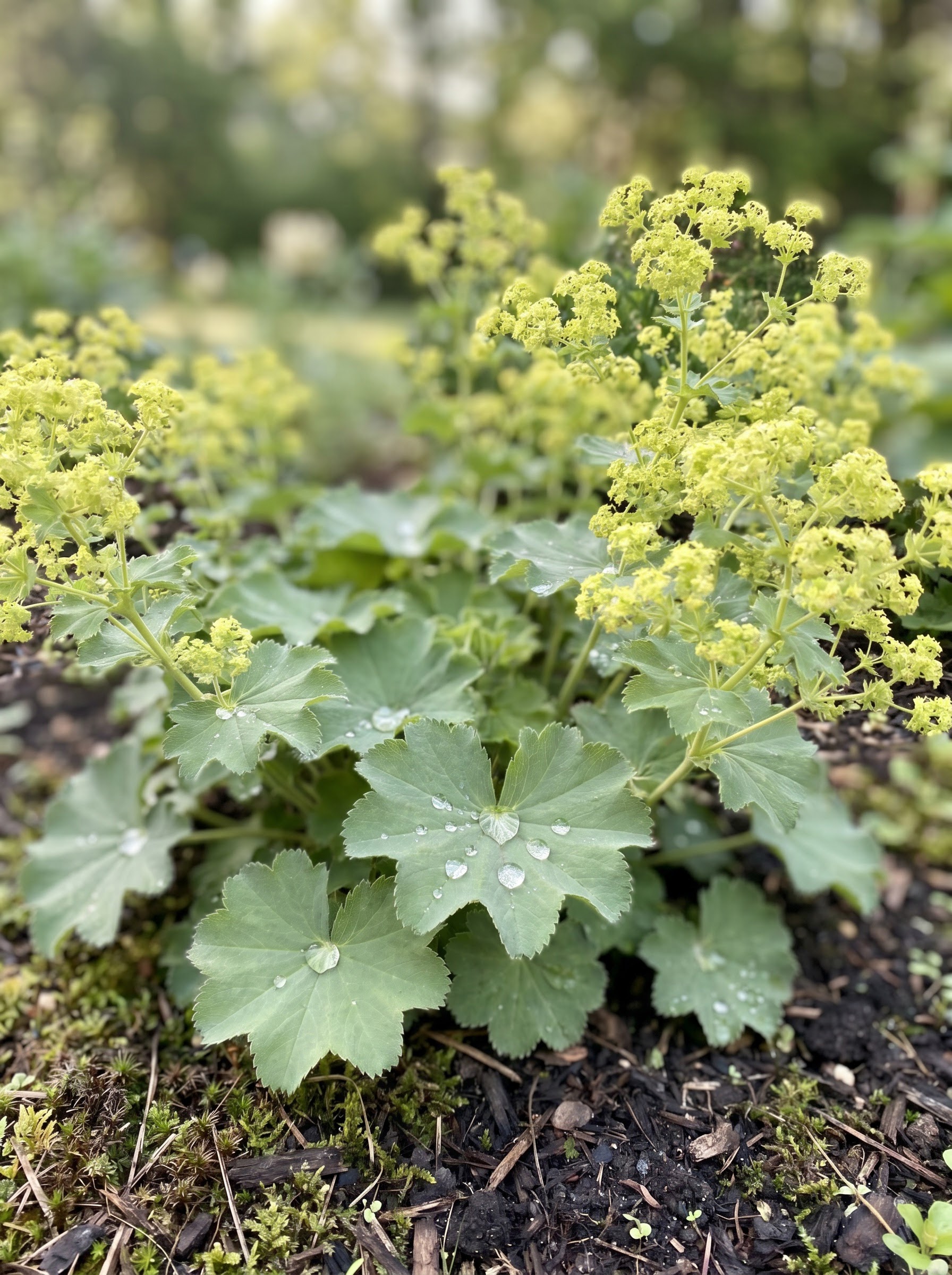 Lady's mantle with scalloped leaves holding dew drops and frothy chartreuse flower clusters.