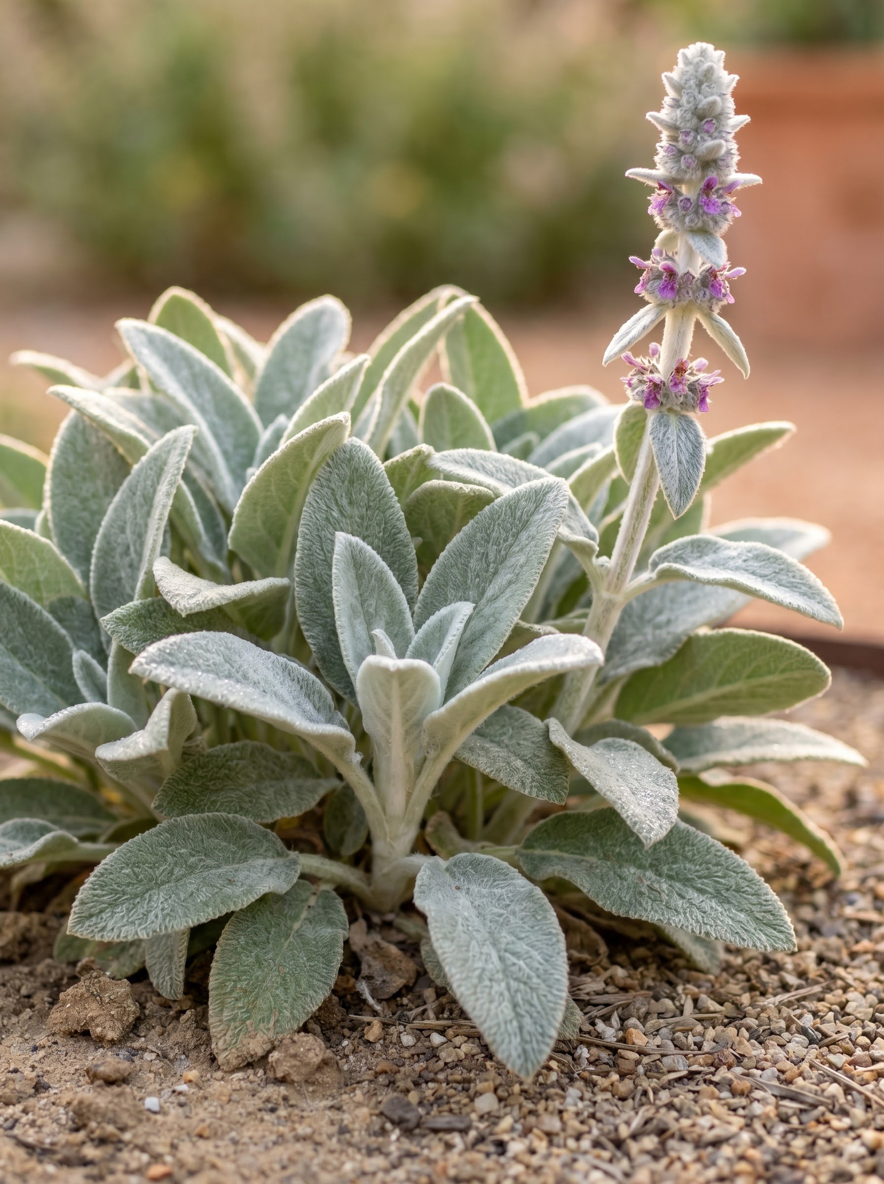 Lamb's ear with soft silvery fuzzy leaves and a small purple flower spike.