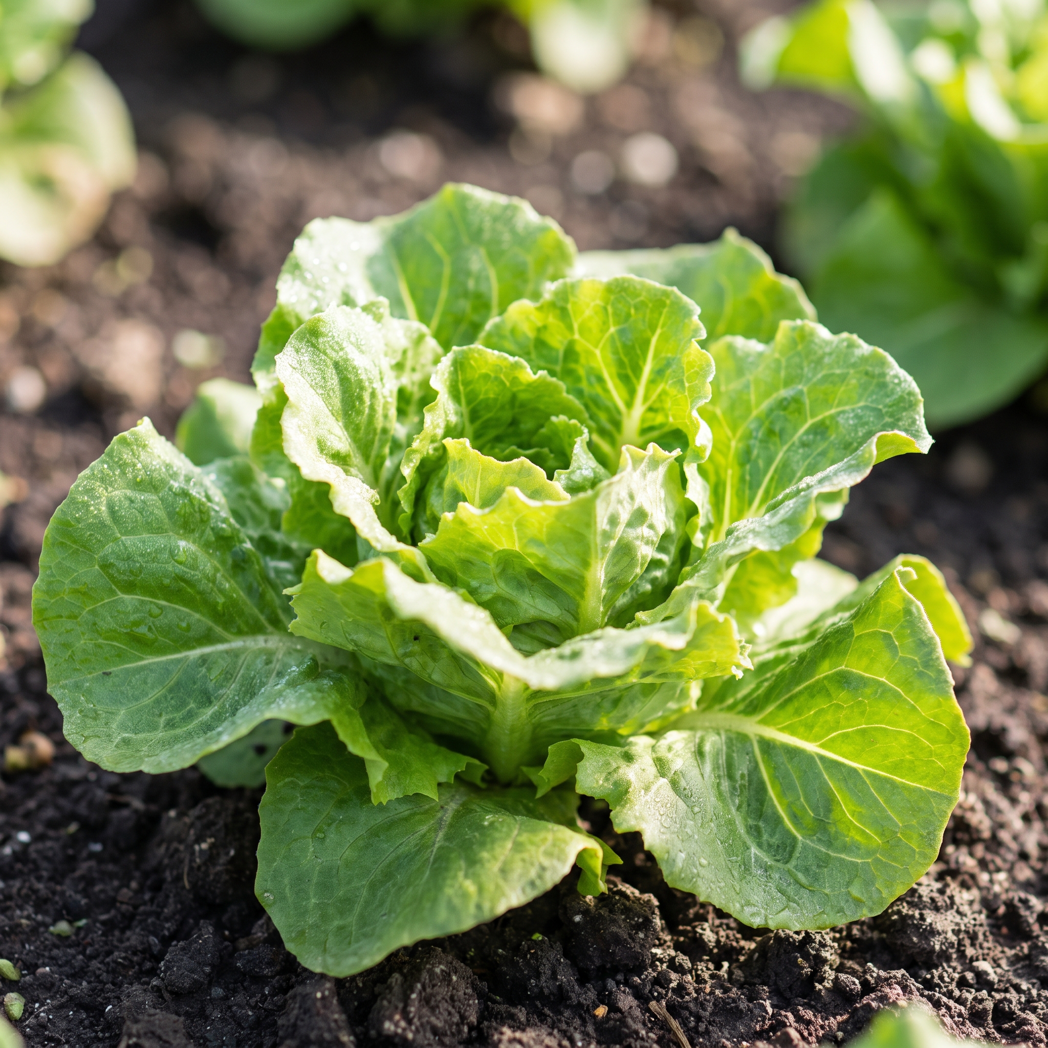 Loose-leaf lettuce growing in dark garden soil