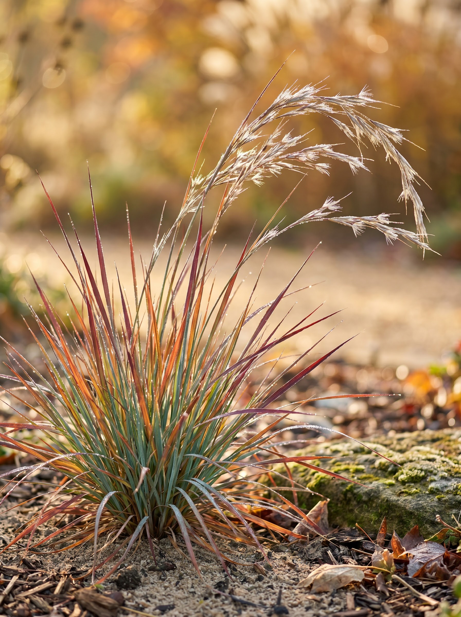 Little bluestem ornamental grass with copper-red autumn blades and silvery seed heads, backlit and dewy