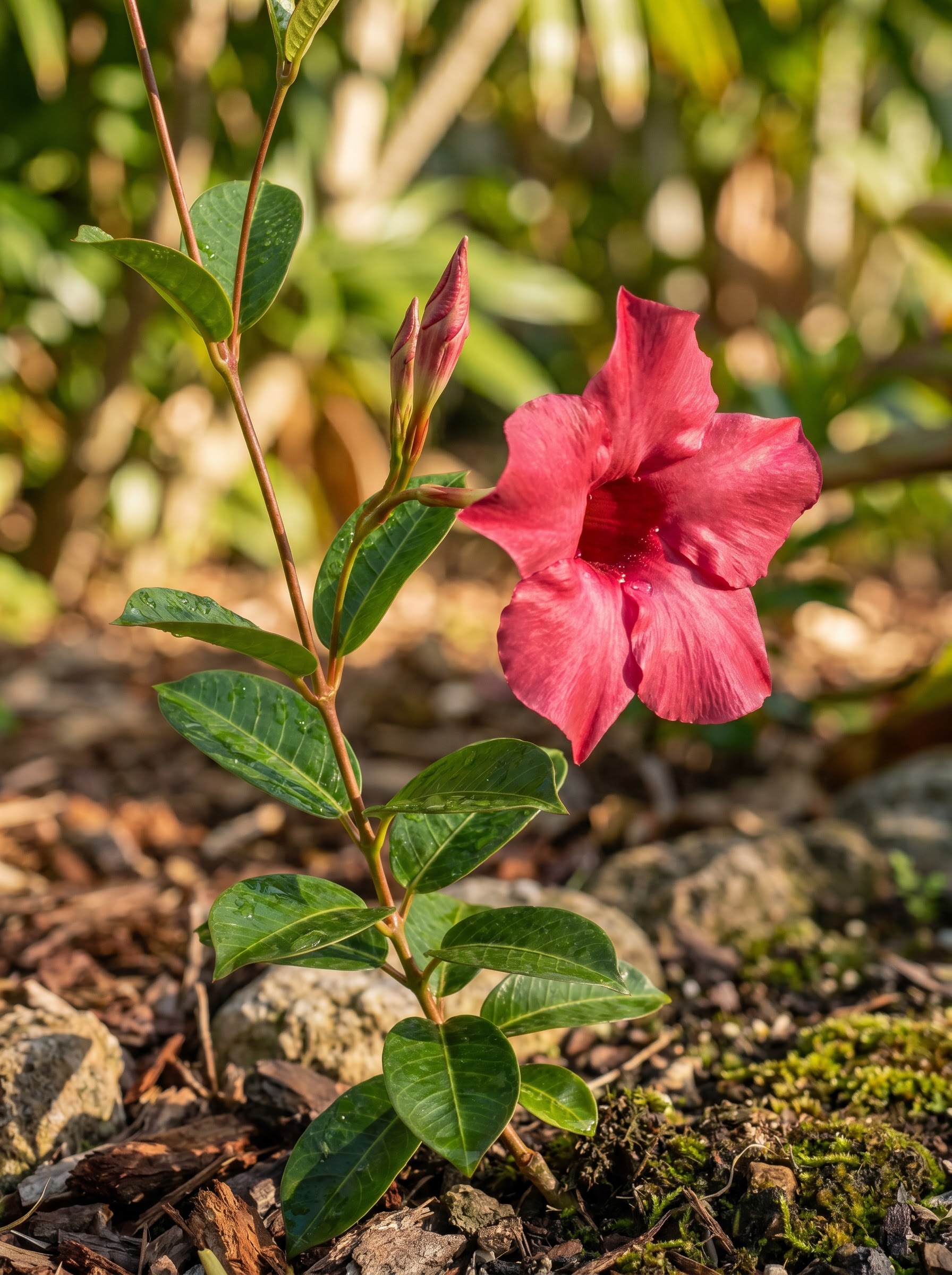Pink trumpet-shaped mandevilla flower on a twining vine with glossy green leaves
