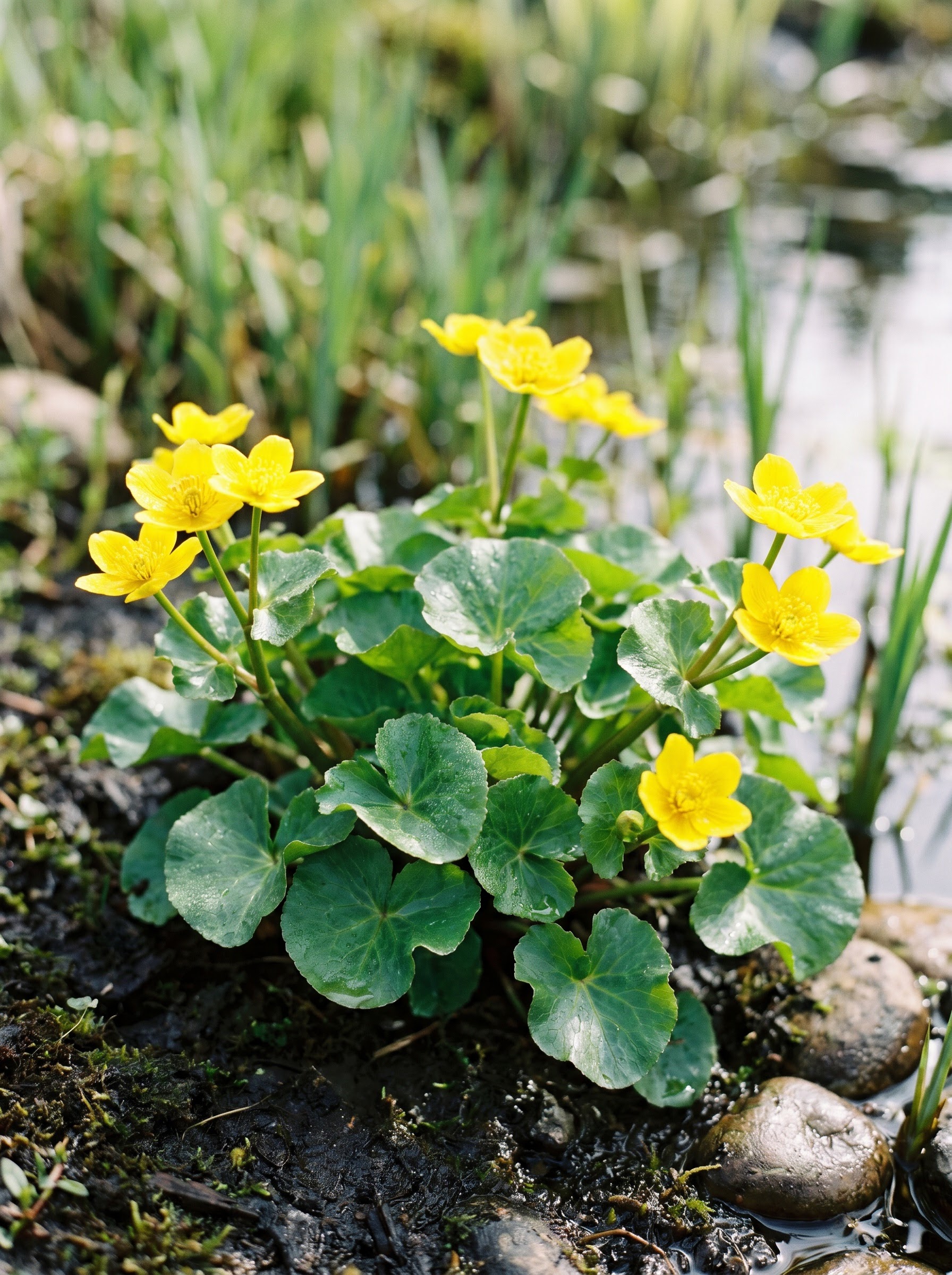 Marsh marigold plant with bright yellow cup flowers and glossy green leaves.