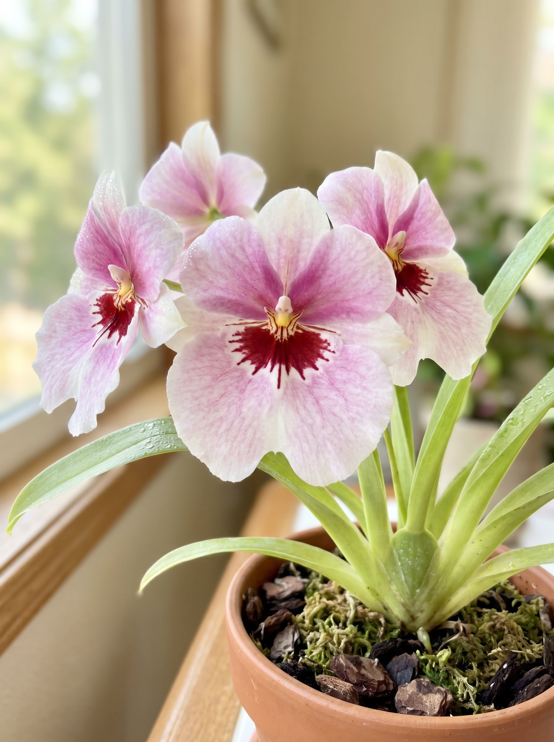 Pink and maroon pansy-faced Miltoniopsis orchid bloom with velvety patterned petals