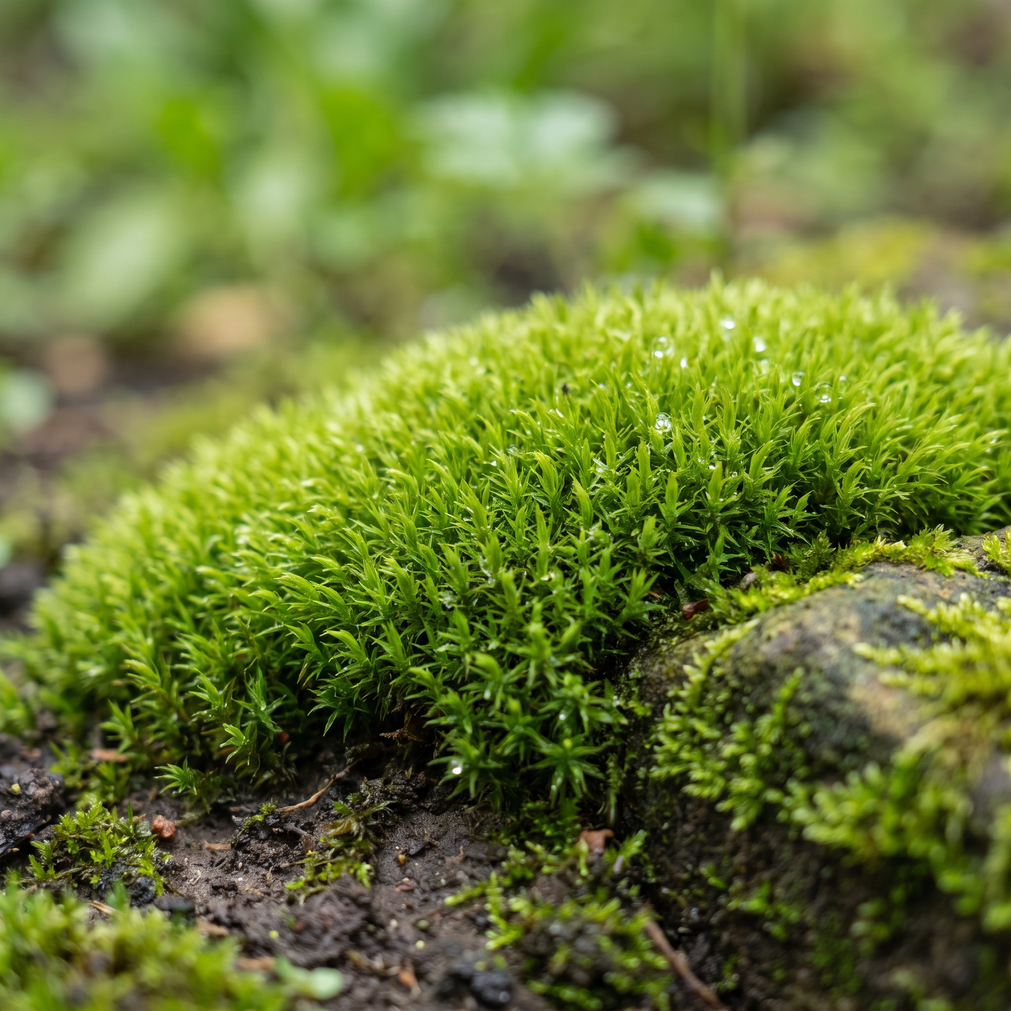 Cushion of soft green sheet moss on damp soil and stone
