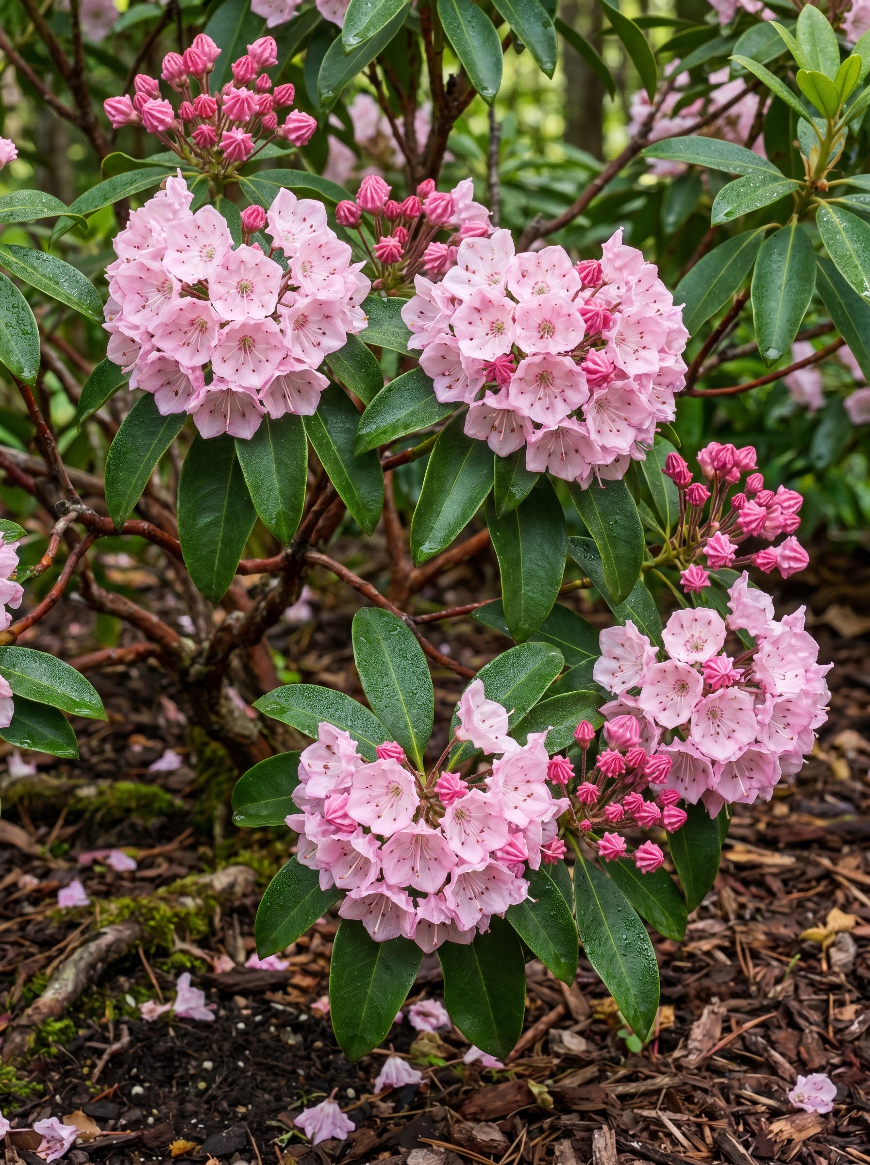 Mountain laurel shrub with clustered pink crimped cup-shaped flowers and glossy evergreen leaves