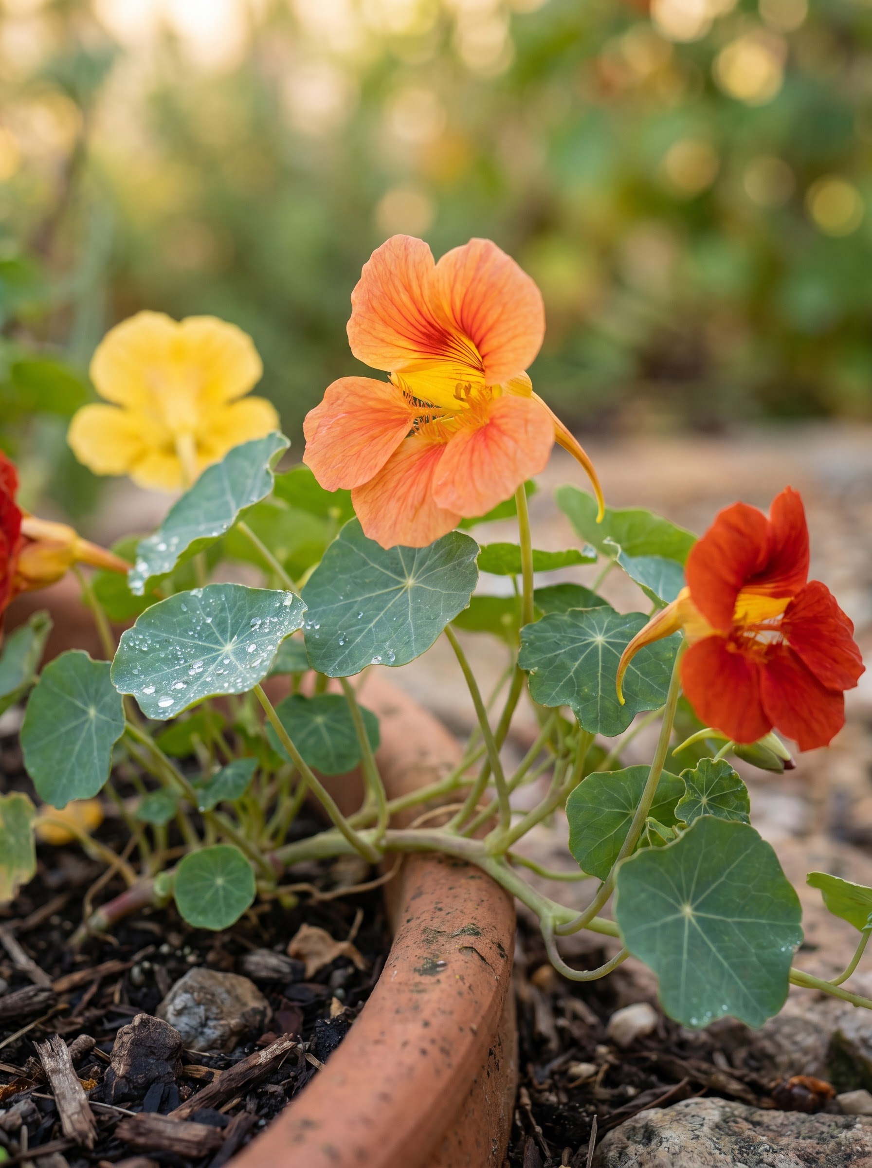 Nasturtium with a vivid orange trumpet flower and round blue-green shield-shaped leaves.