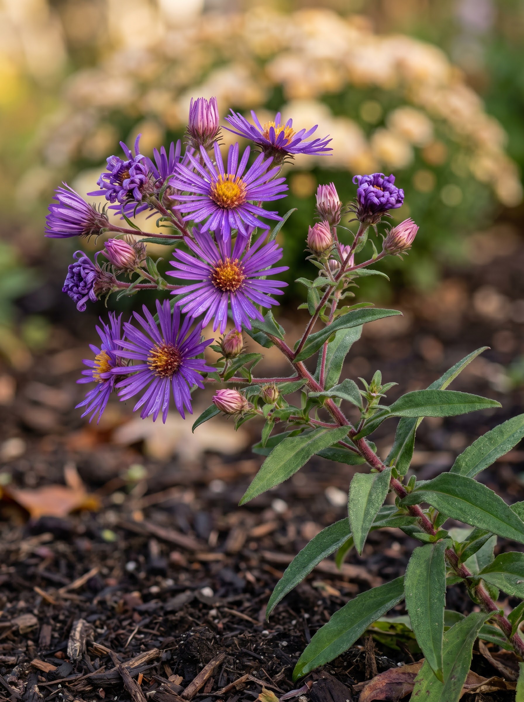 Purple New England aster starry flowers with yellow centers blooming in autumn garden