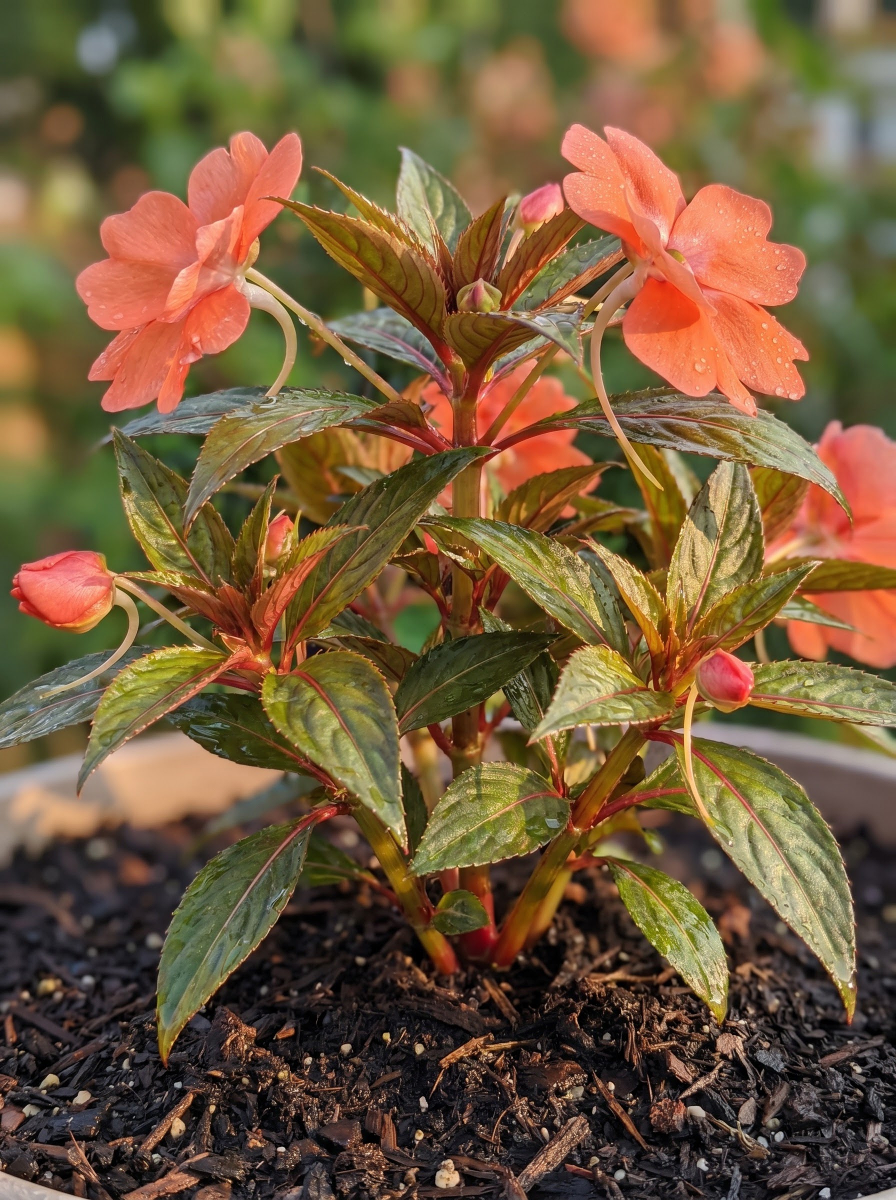 New Guinea impatiens with large coral-orange flowers and glossy dark green leaves.