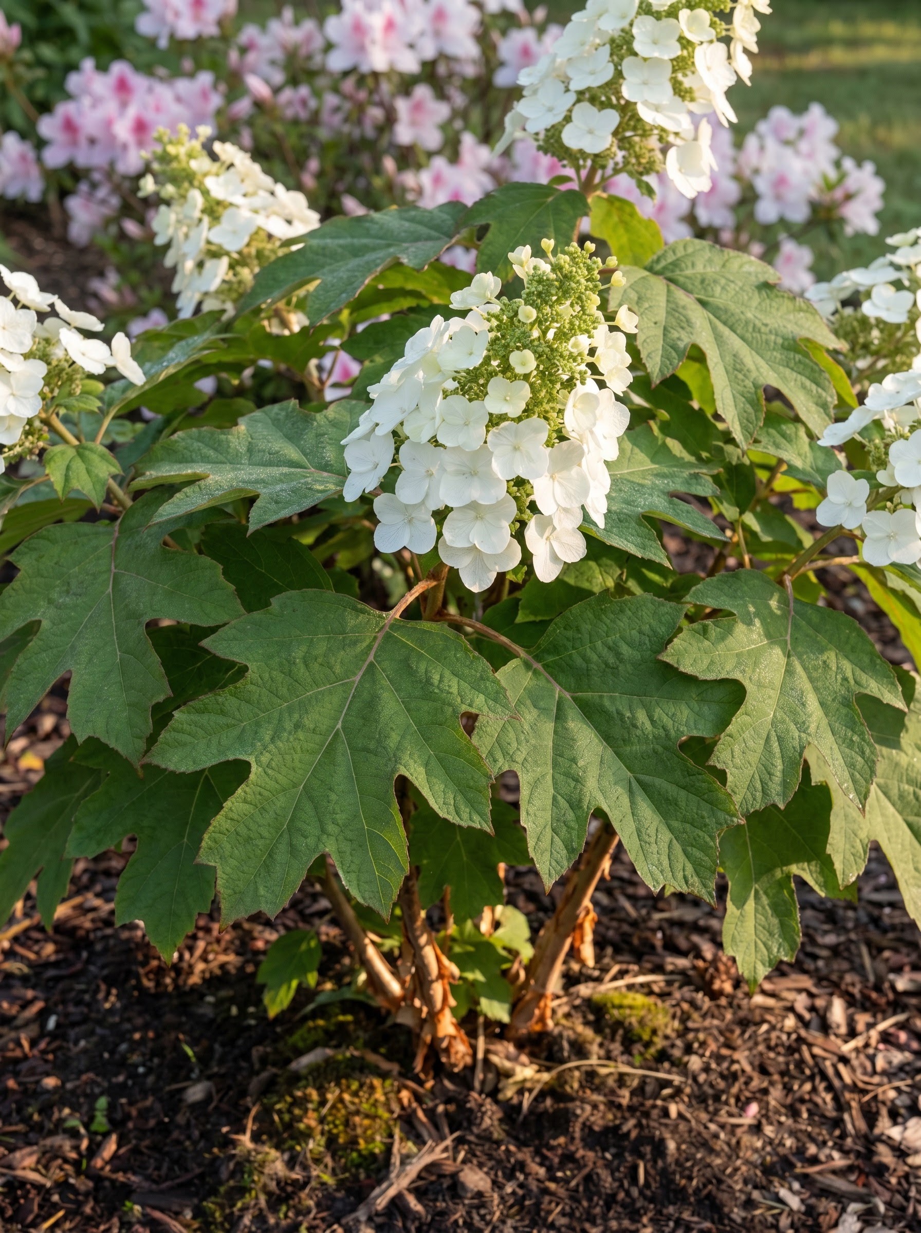 White cone-shaped oakleaf hydrangea flower panicle with deeply lobed leaves in a garden