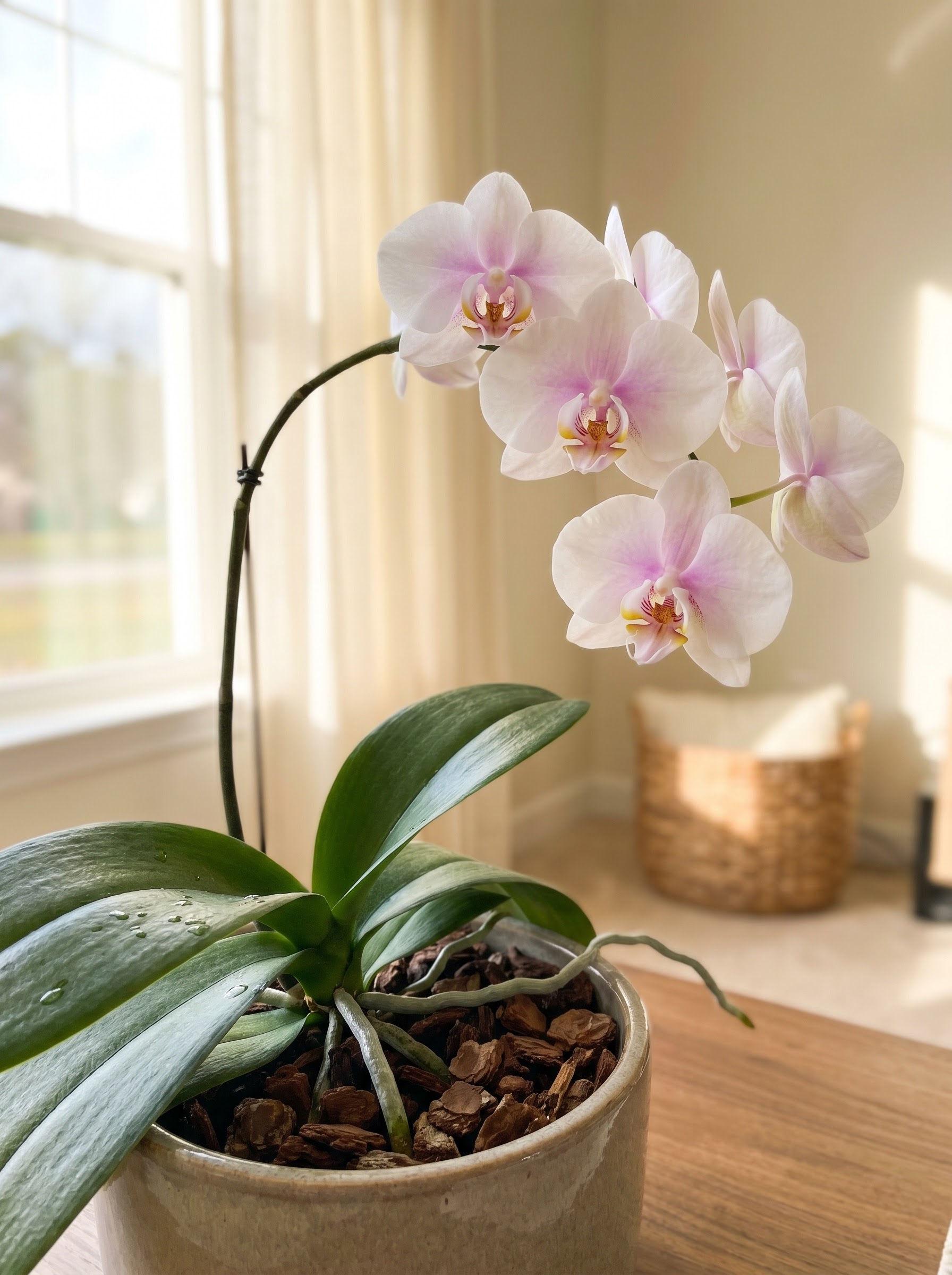 White and pink Phalaenopsis orchid with waxy blooms on an arching flower spike