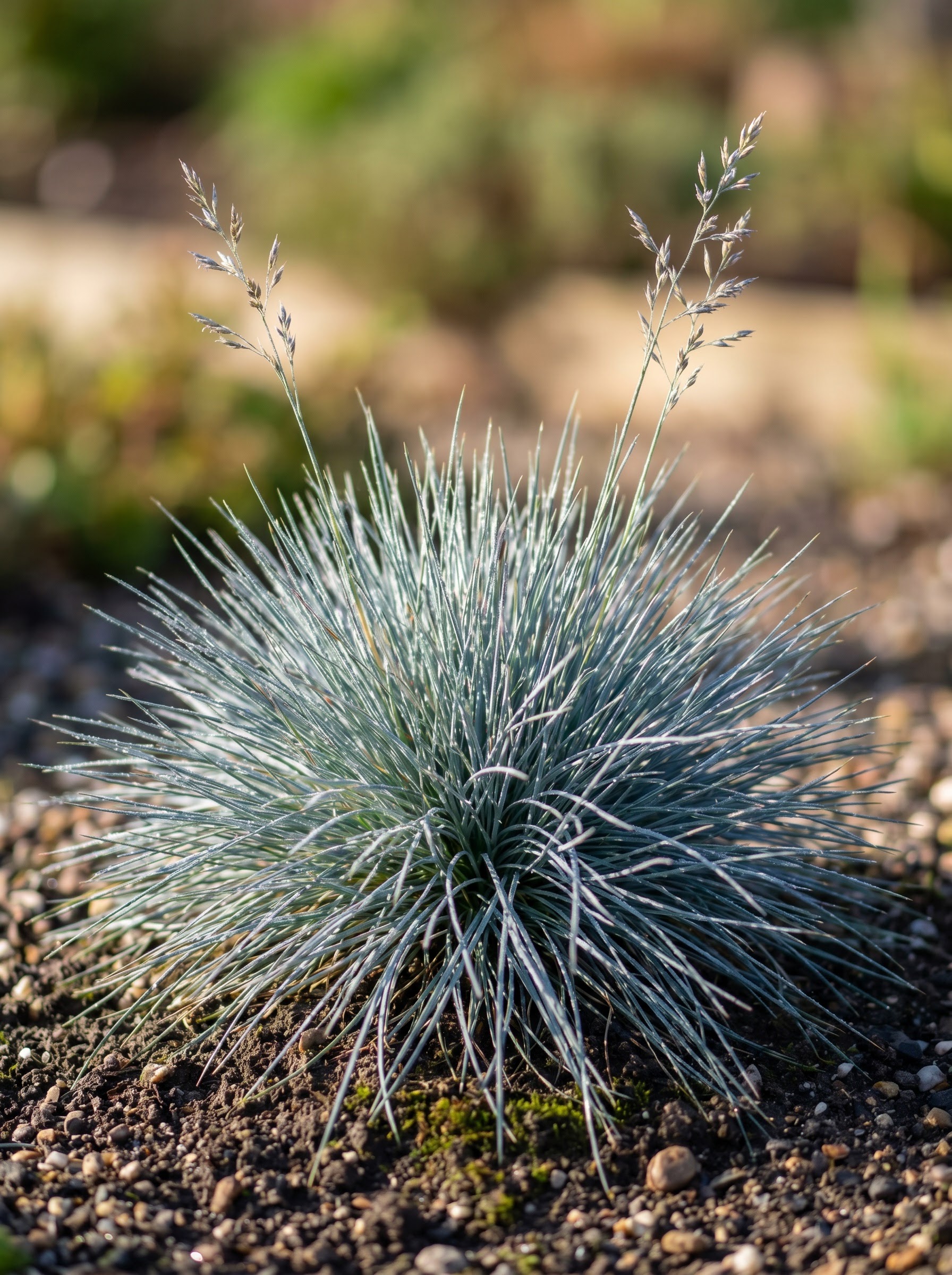 Silvery blue fescue ornamental grass forming a spiky mounded tuft with dew on the blades.