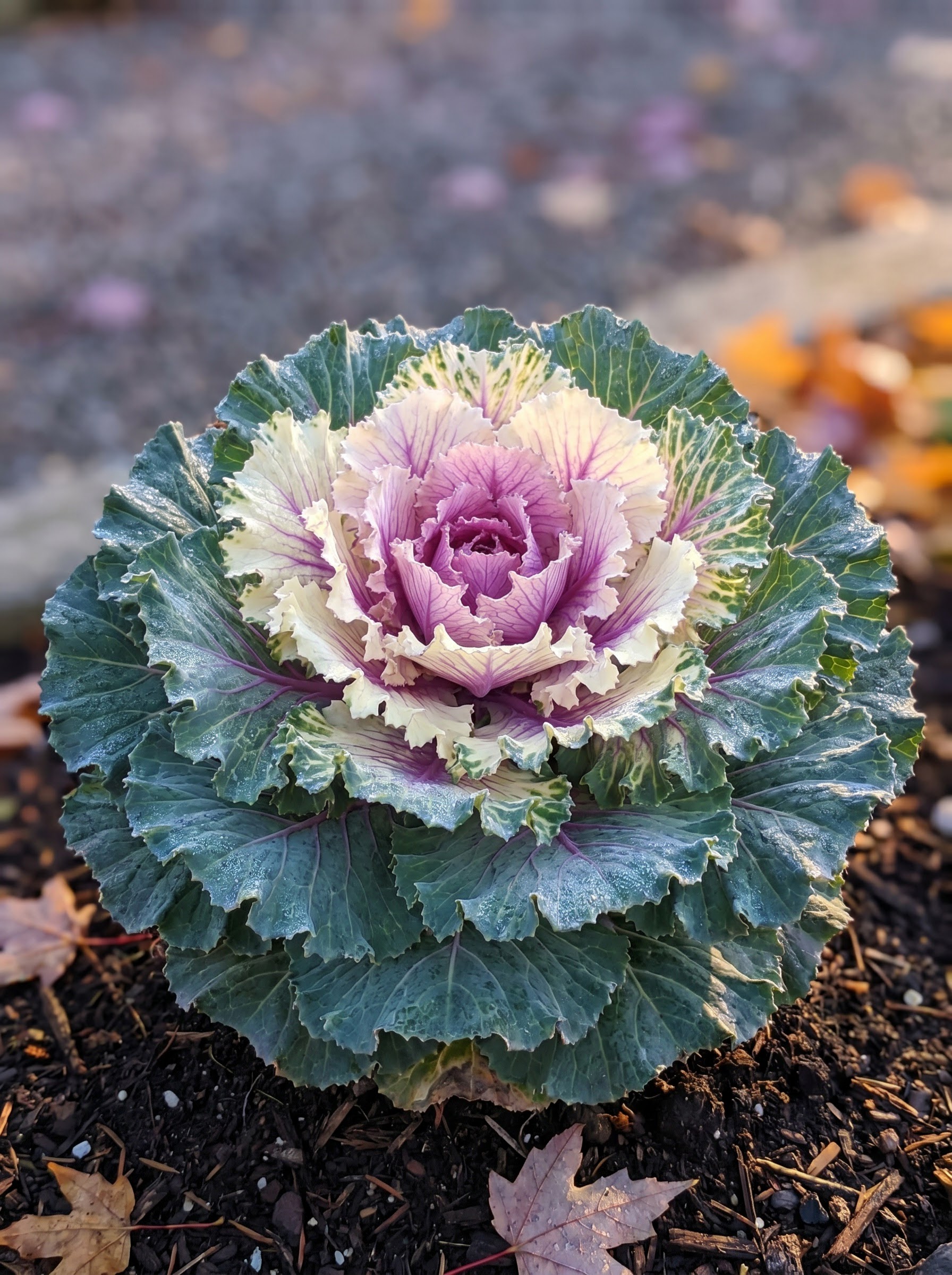 Ruffled ornamental kale rosette with pink purple center and blue green fringed outer leaves