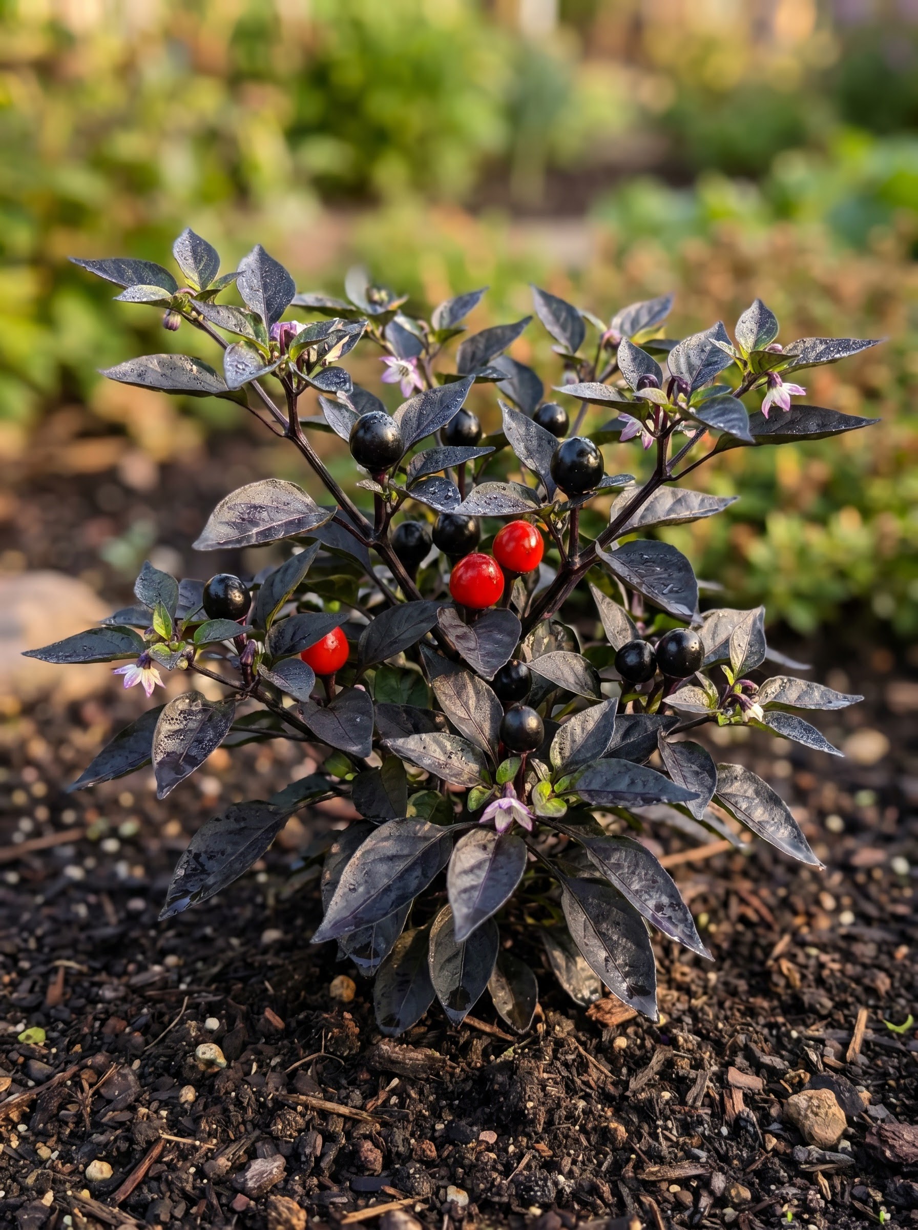 Ornamental pepper Black Pearl plant with glossy black leaves and black-red fruit.
