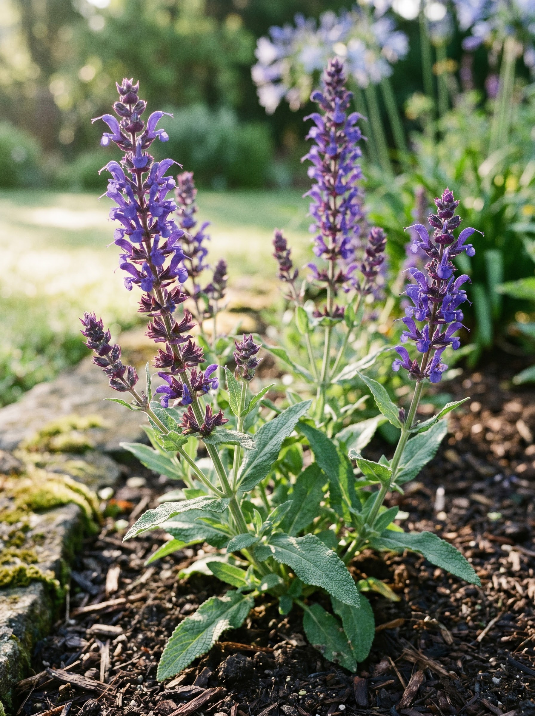Tall violet-blue ornamental salvia flower spikes with fuzzy gray-green leaves in a sunny garden border