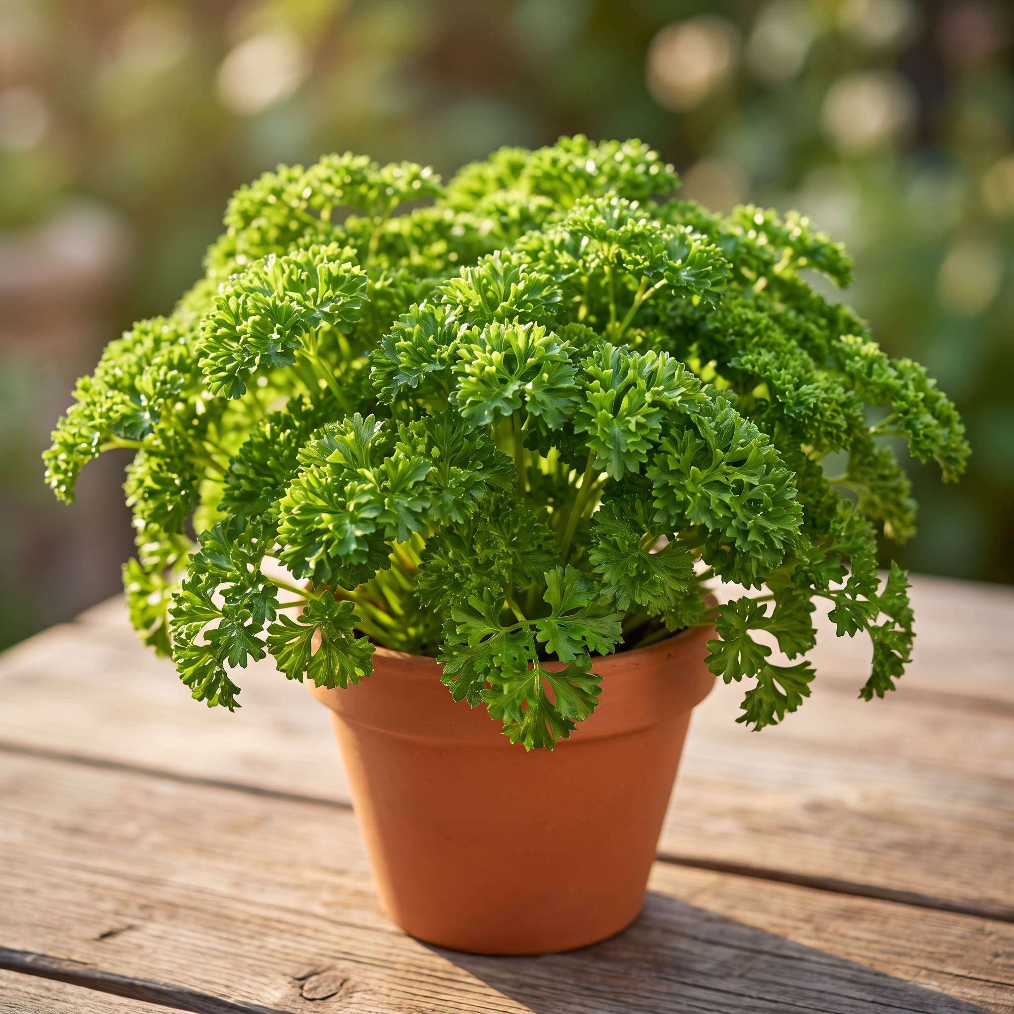 Curly parsley plant growing in a terracotta pot