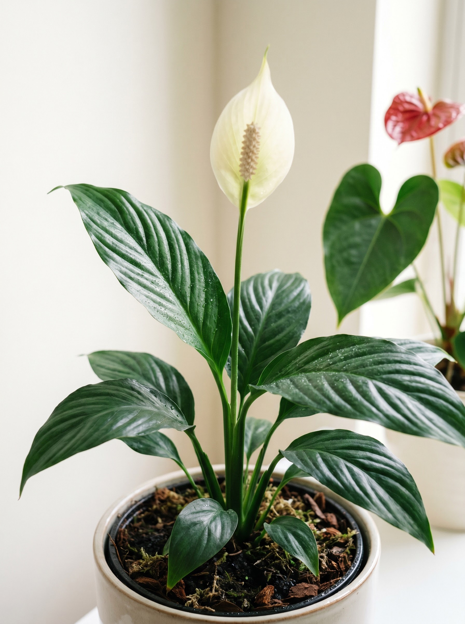 Peace lily with glossy dark green leaves and a soft white spathe in bright indoor light