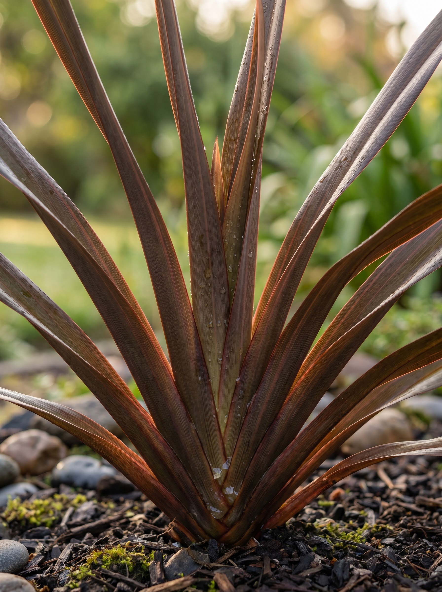 Phormium New Zealand flax with stiff bronze sword-shaped leaves fanning from a clump, dew-covered.