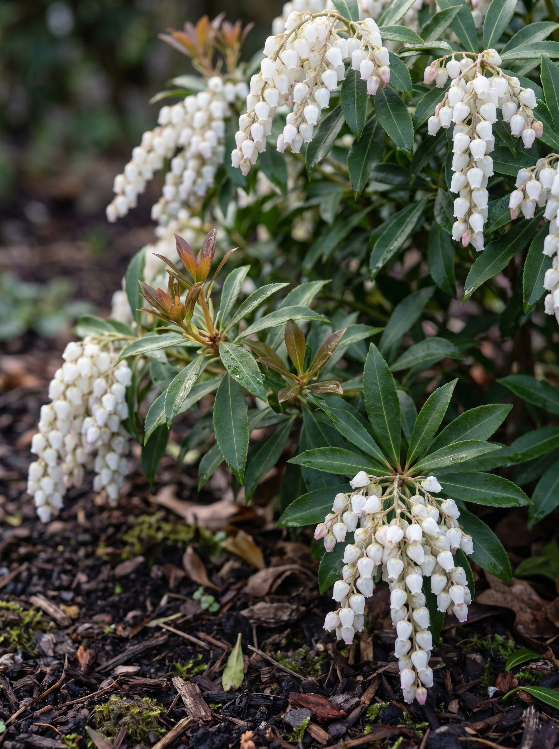 Pieris japonica shrub with drooping clusters of tiny white urn-shaped flowers and glossy foliage