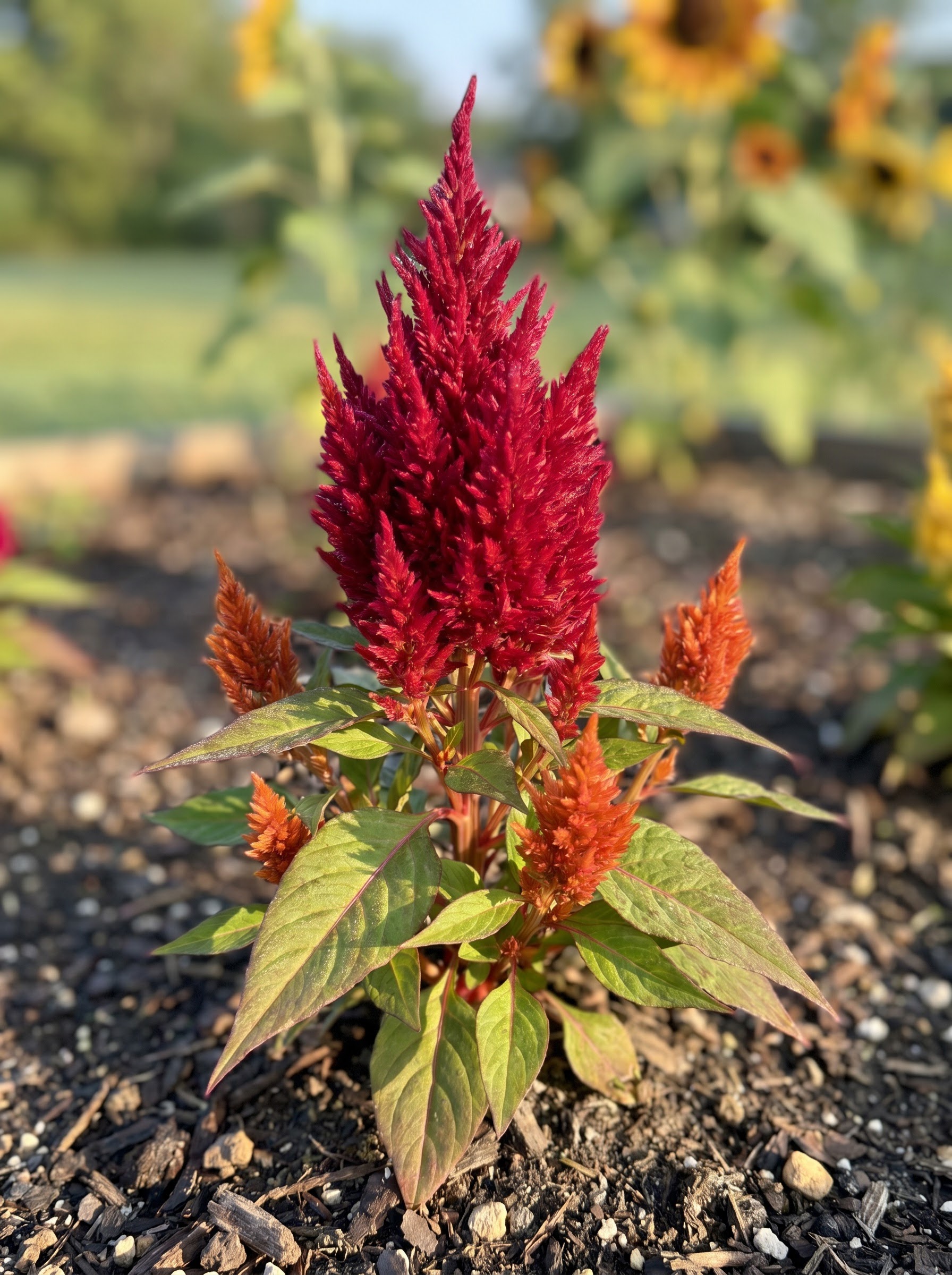 Plume celosia with a velvety flame-shaped crimson-red bloom and lance-shaped green leaves, dew-covered