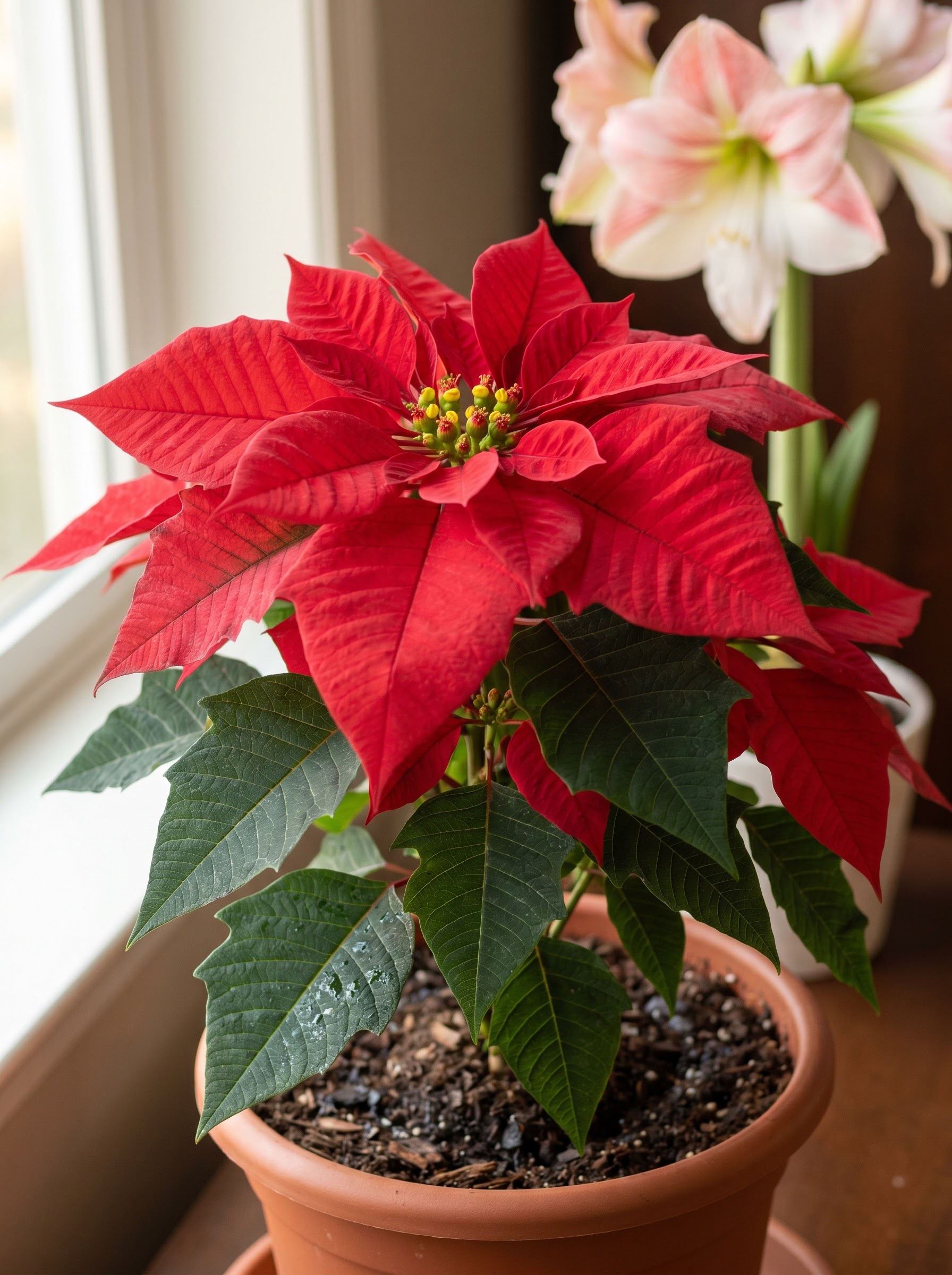 Vibrant red poinsettia bracts with true yellow flowers in a festive holiday indoor setting