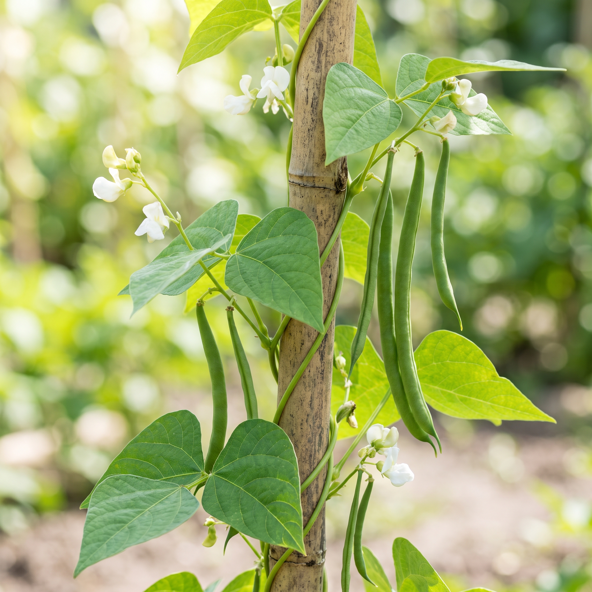 Pole bean vine climbing a bamboo pole with white flowers and green pods