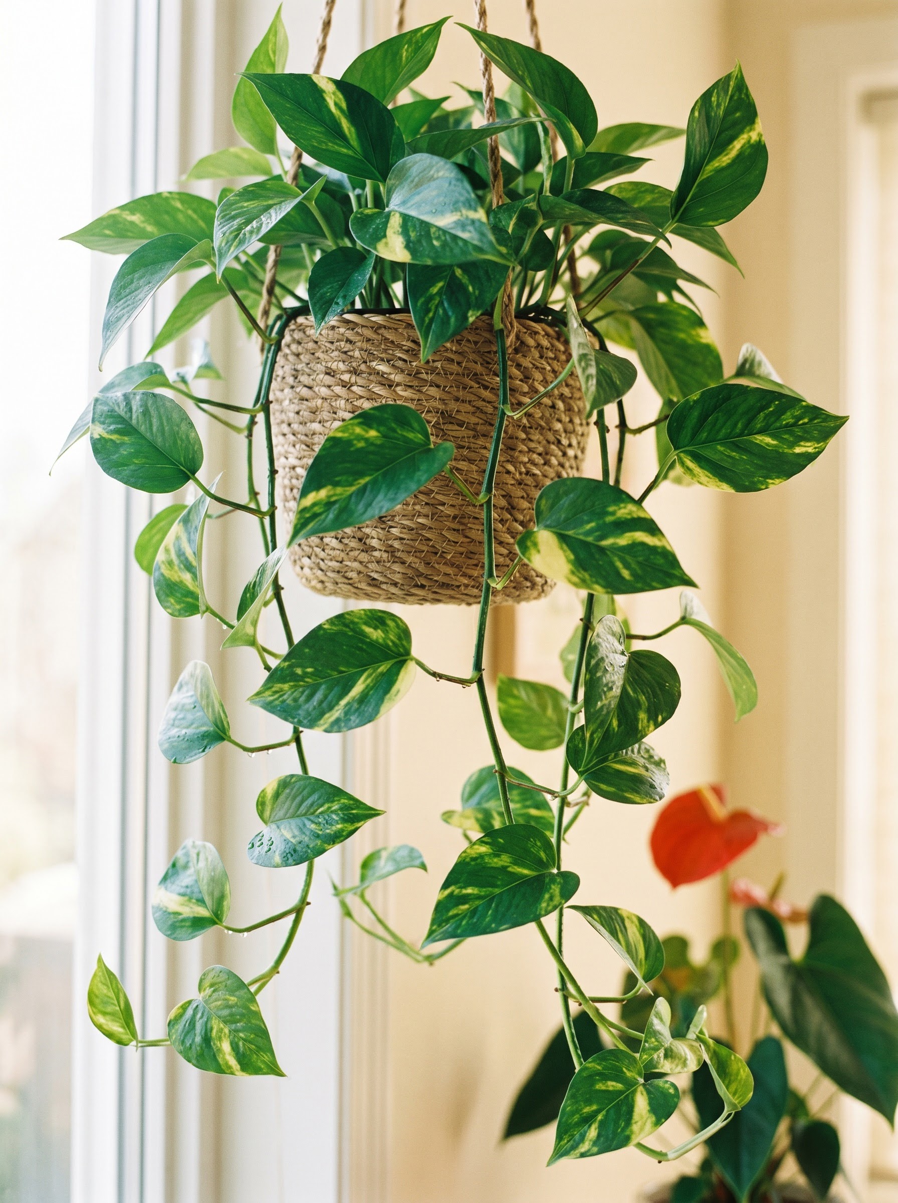 Trailing pothos vine with glossy green and gold marbled heart-shaped leaves indoors