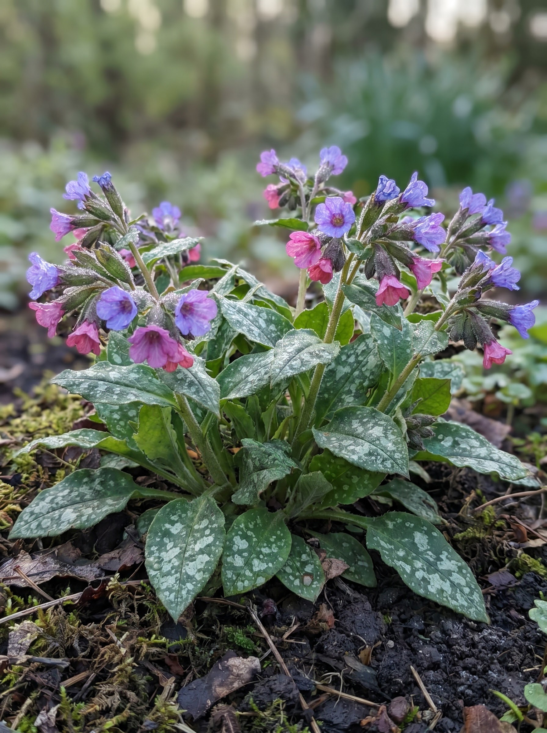 Silver-spotted pulmonaria leaves with pink and blue tubular flower clusters