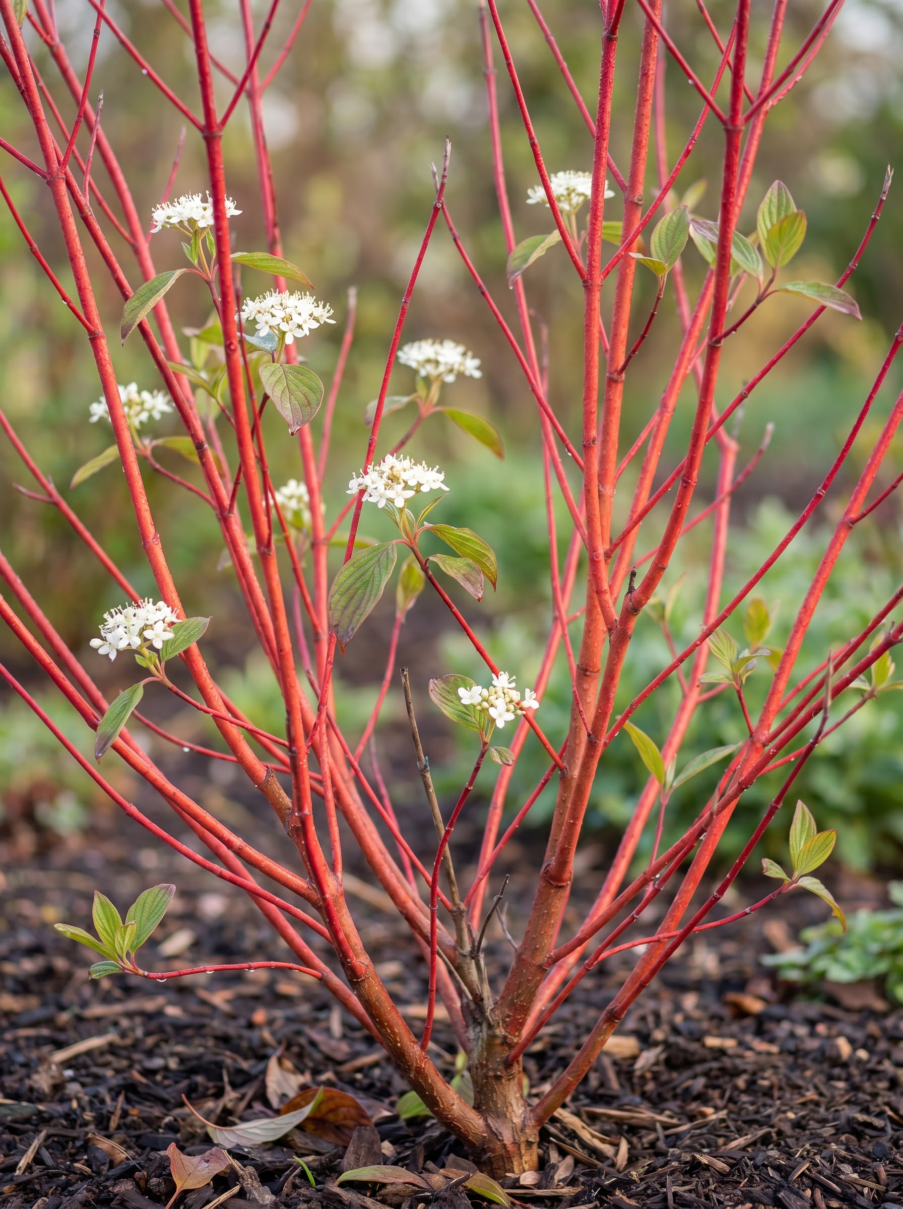 Red twig dogwood shrub with bright coral-red stems and small white spring flower clusters.