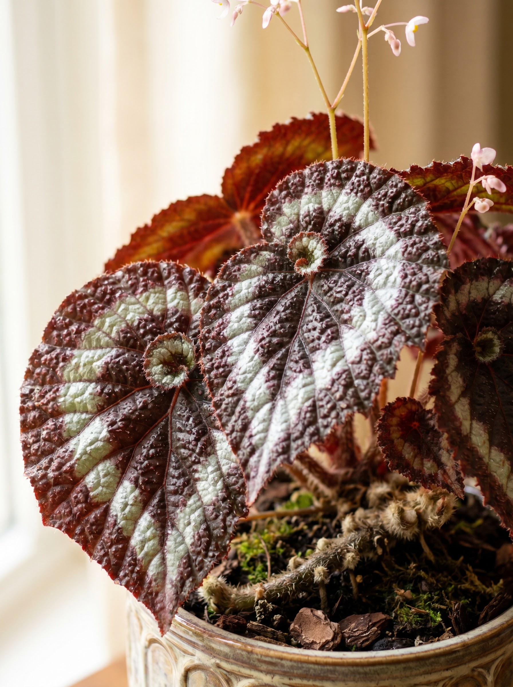 Rhizomatous begonia with puckered maroon and silver-banded leaves in a bright indoor pot