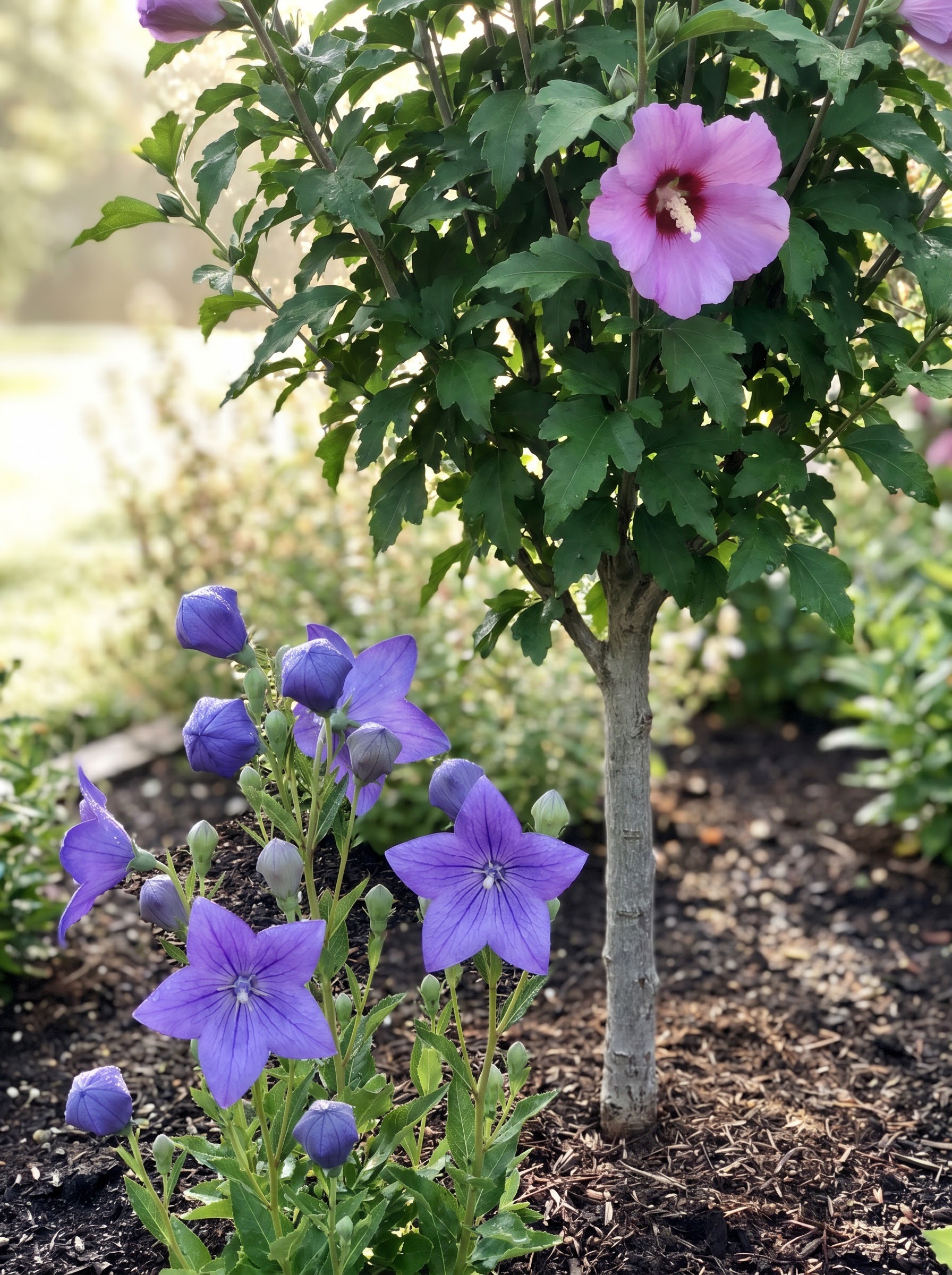 Purple balloon flower blooms in front of a pink rose of Sharon shrub's bare trunk