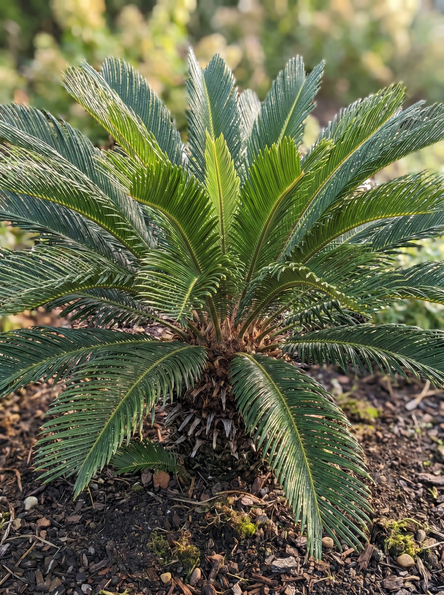 Sago palm with dark green feathery fronds arranged in a symmetrical rosette around a fibrous trunk