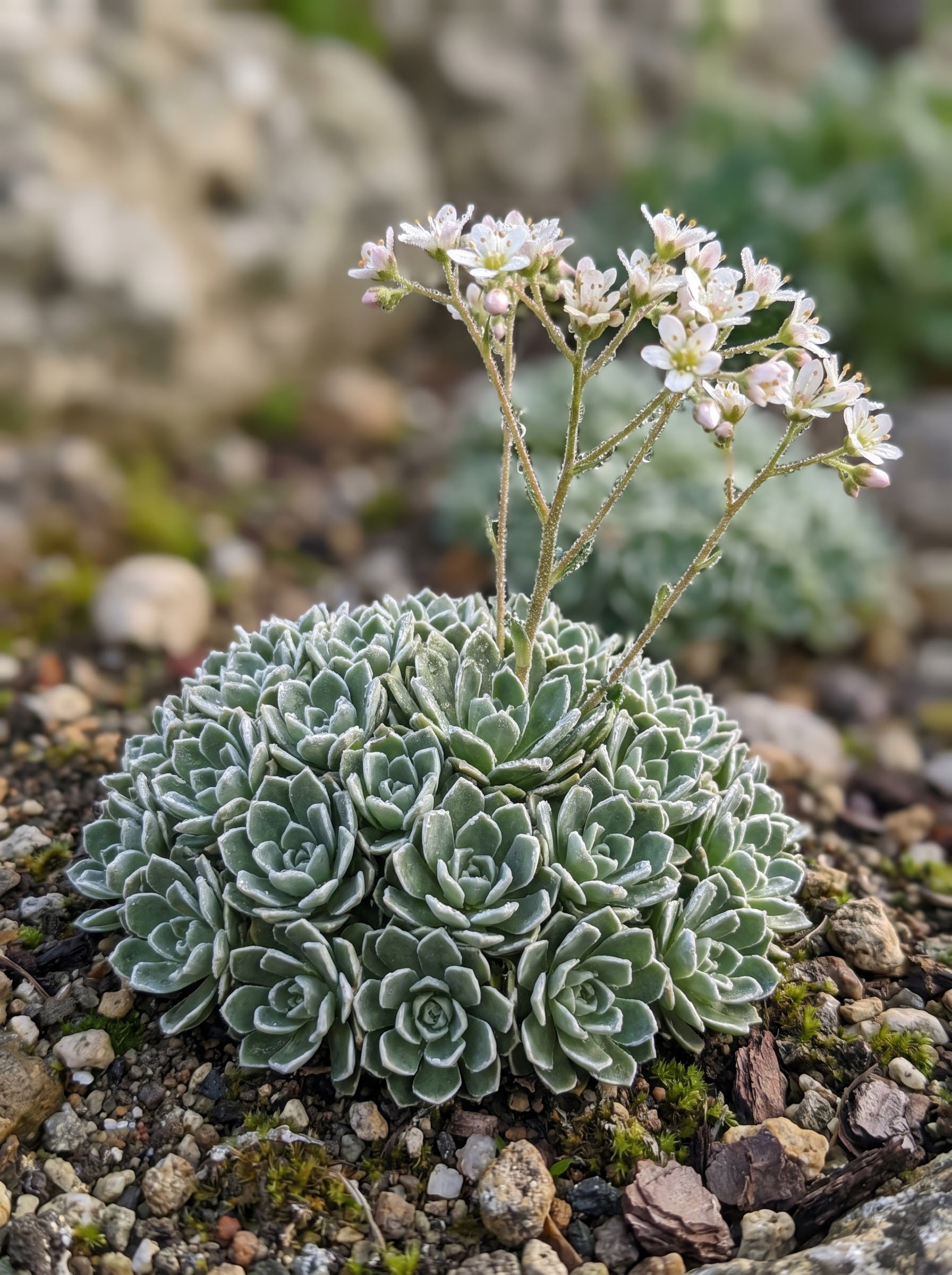 Grey-green encrusted saxifrage rosettes with wiry stems of small white star-shaped flowers
