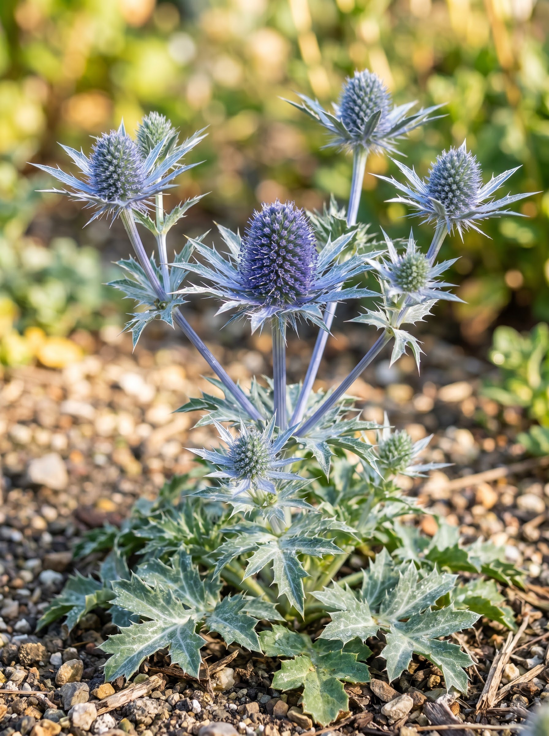 Steel-blue spiky sea holly flower head with silvery bracts and spiny blue-green foliage.