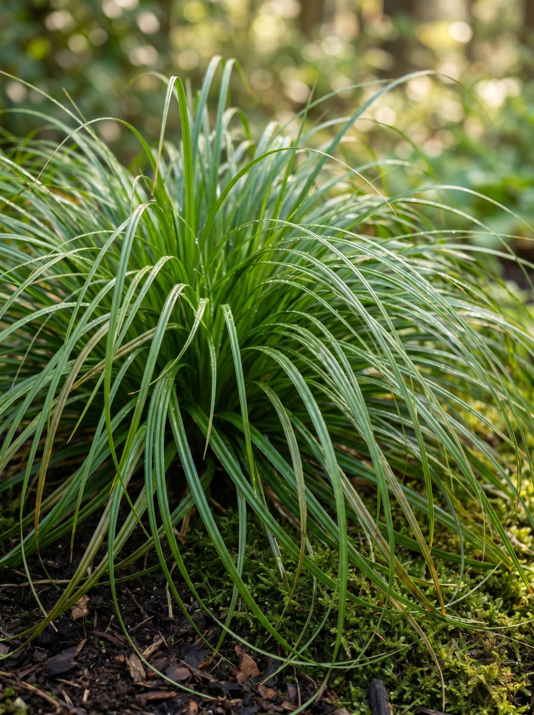 Arching green sedge tussock with glossy ribbed blades and dew in a shaded garden