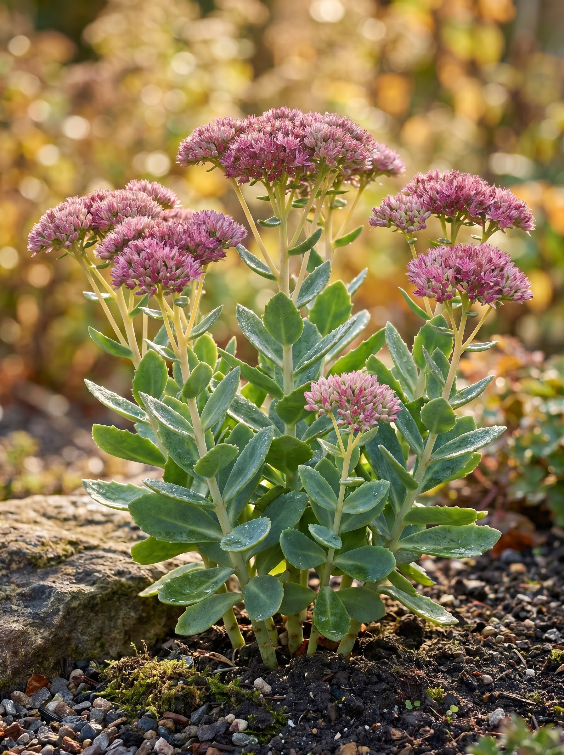 Dusty pink sedum stonecrop flower clusters with fleshy blue-green succulent leaves in a garden