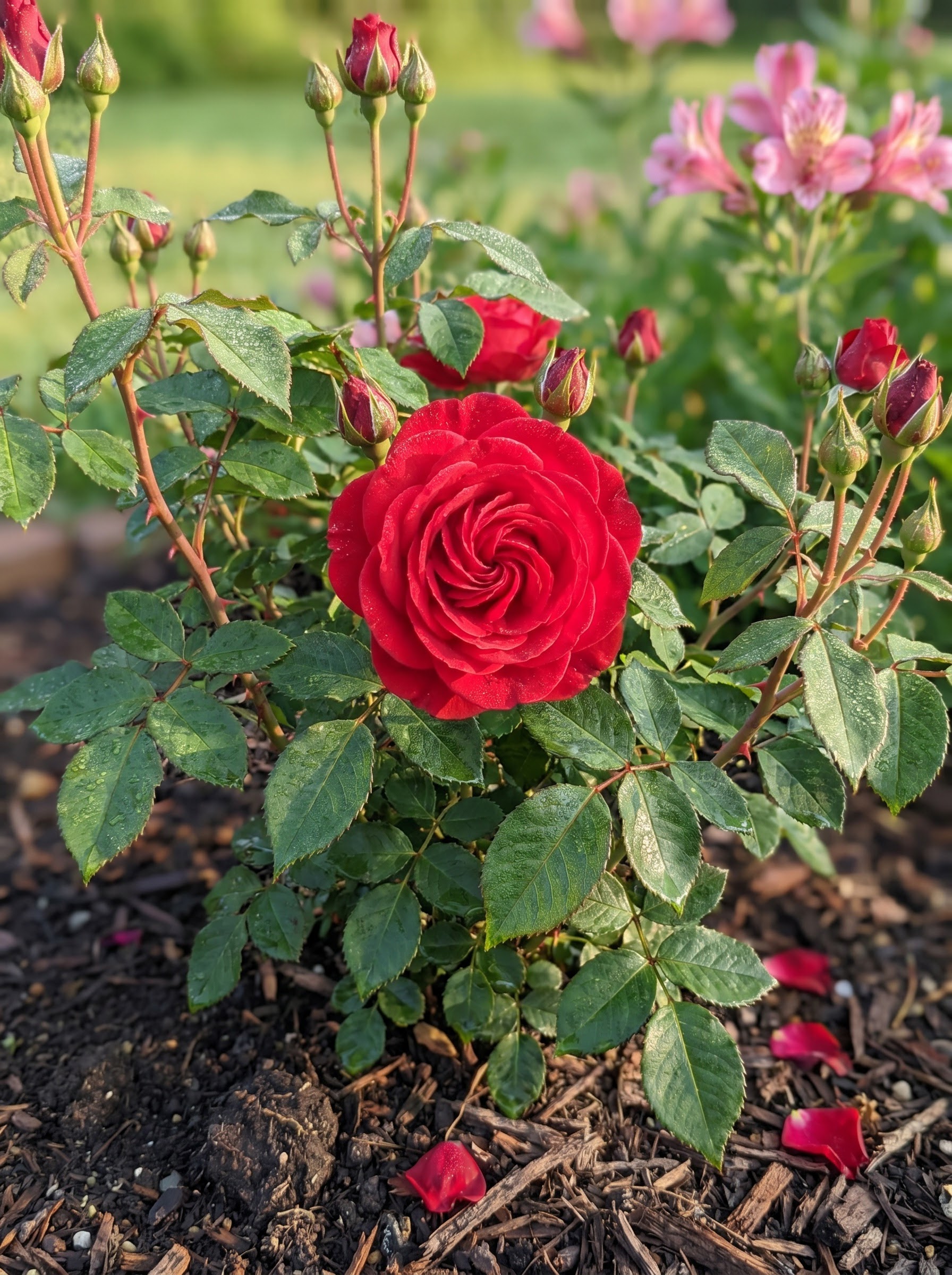 Deep red shrub rose blossom with layered petals blooming on a full garden shrub