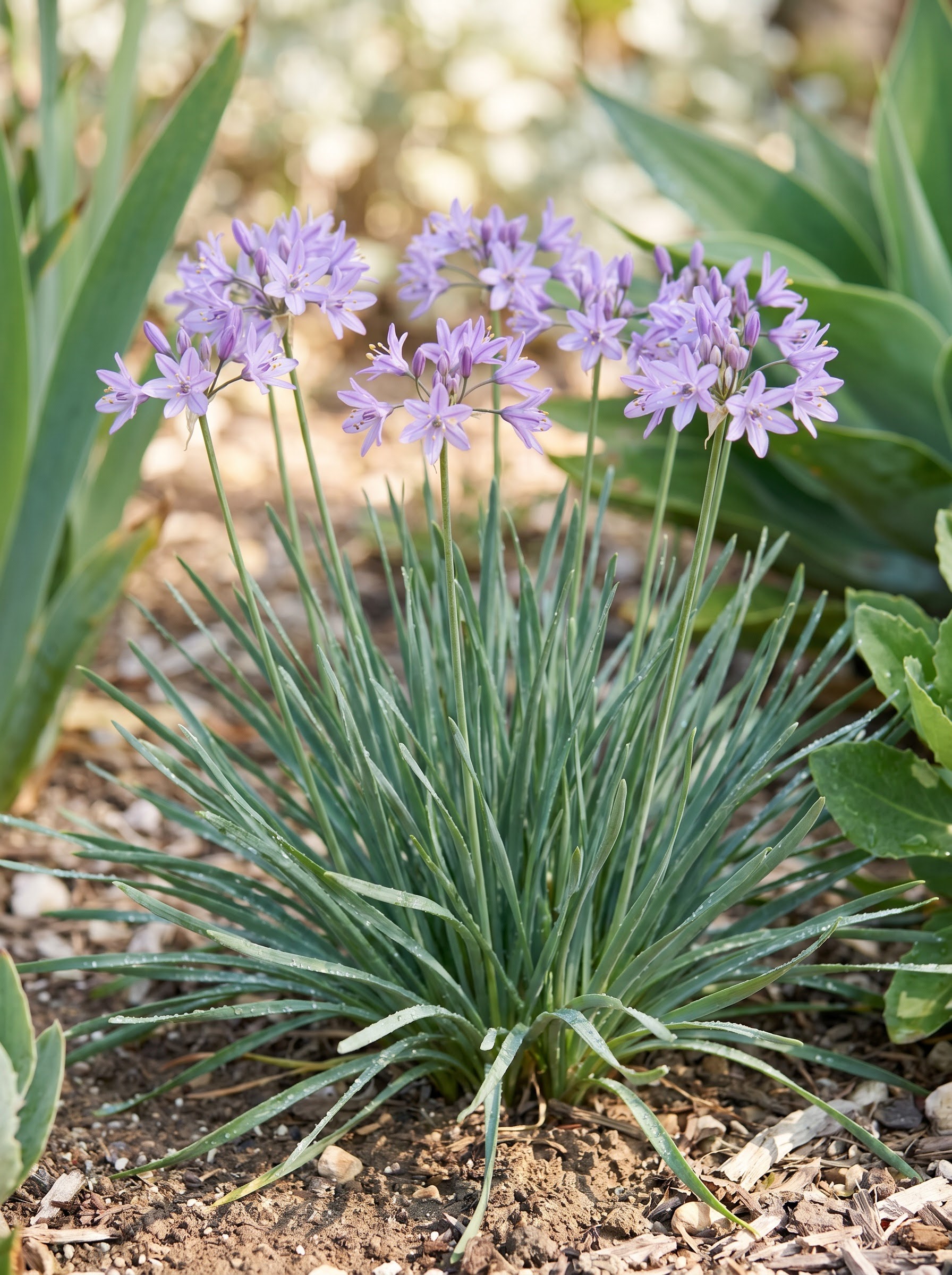 Society garlic with grassy blue-green leaves and clusters of small lavender star-shaped flowers