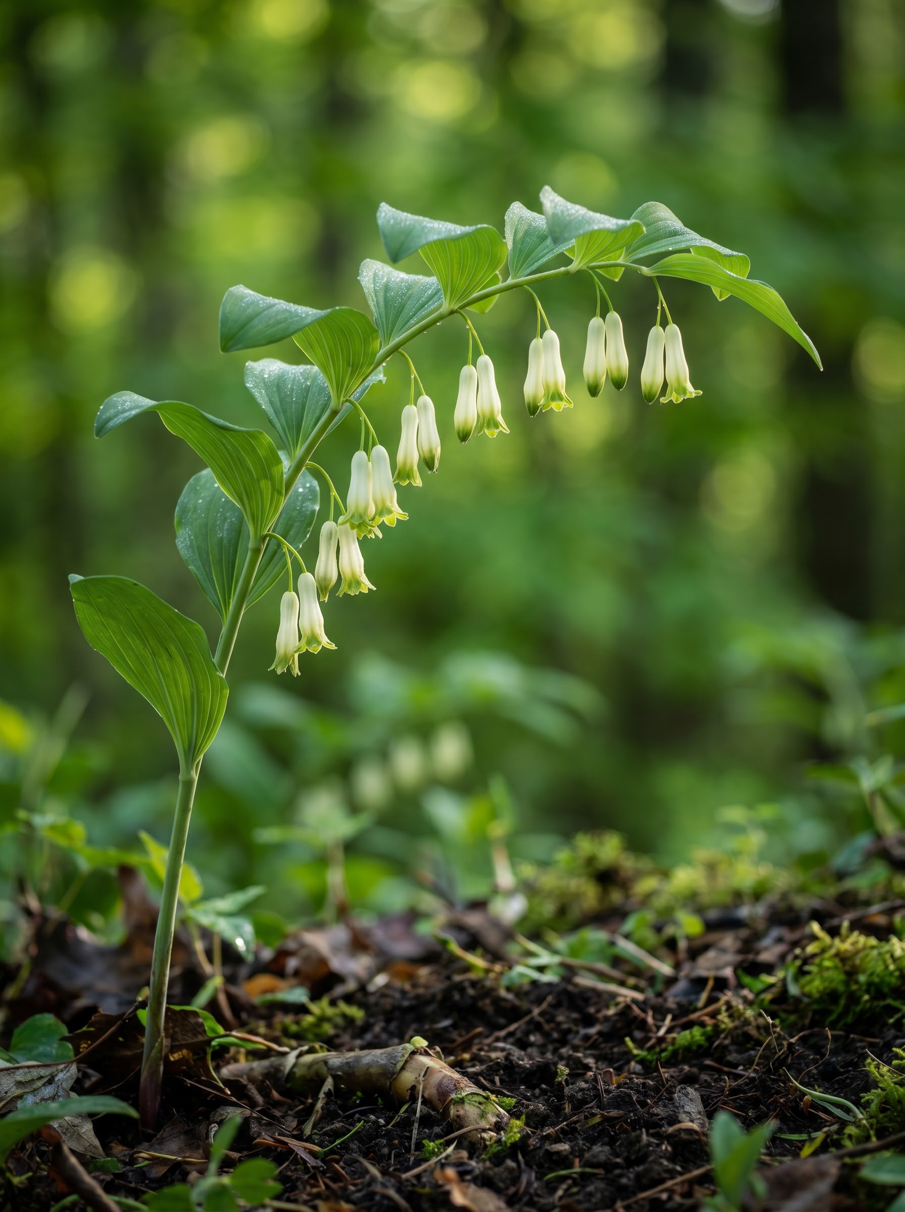Arching Solomon's seal stem with dangling white bell flowers under paired green leaves.
